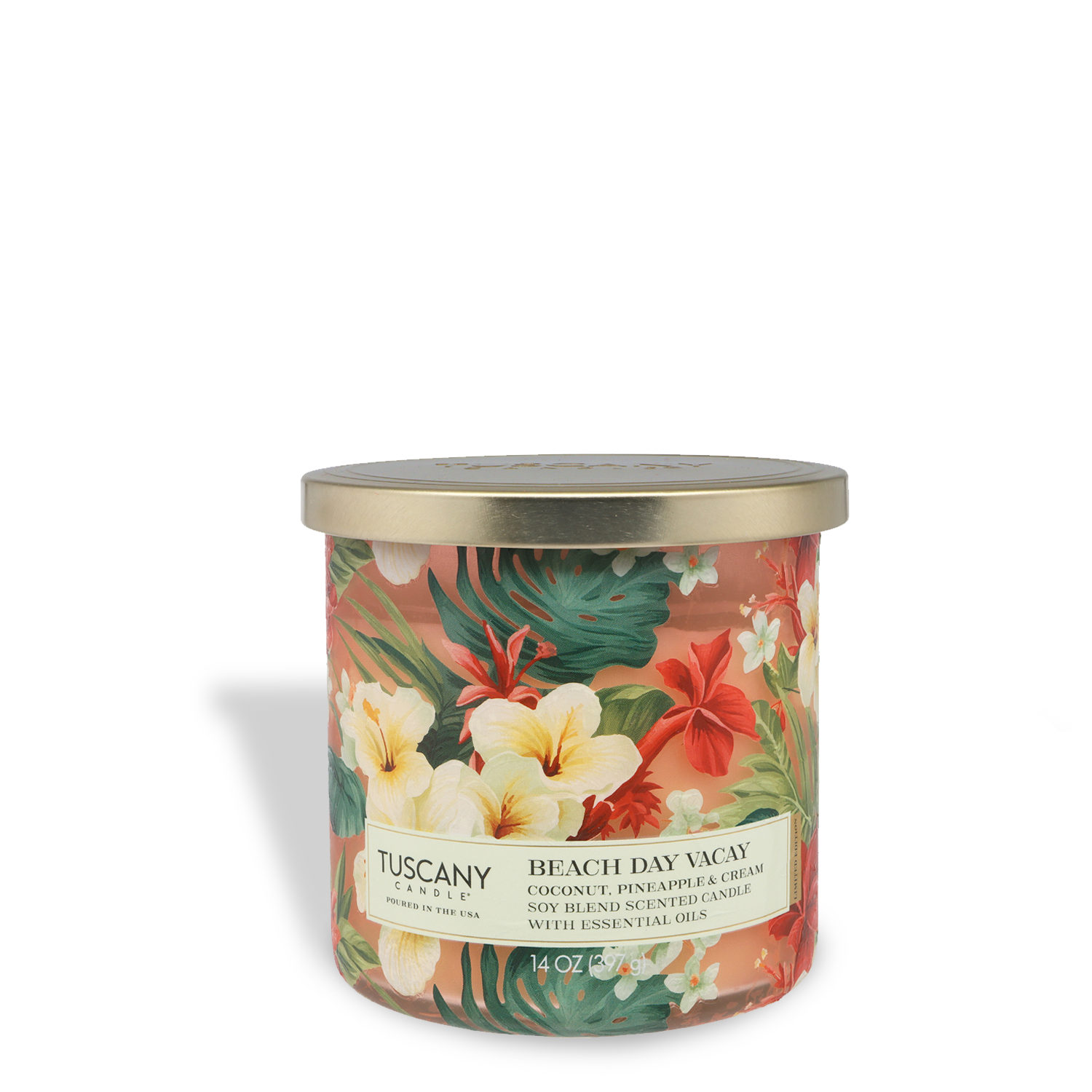 Tuscany Candle® SEASONAL's "Beach Day Vacay: Coconut & Citrus" from the Dreamy Destinations Collection is a 14 oz spring candle with tropical notes in a round container and topped with a gold lid.