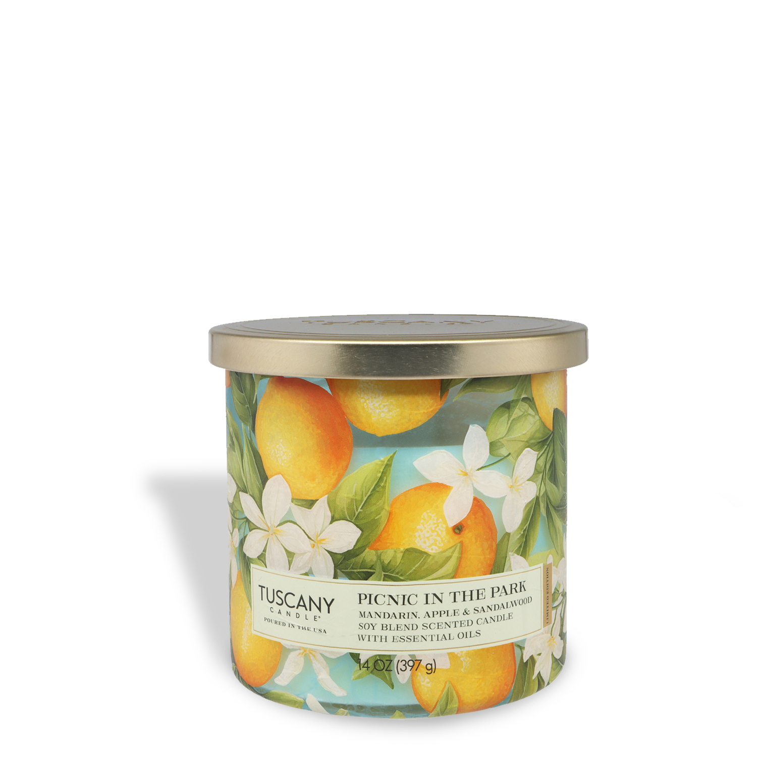 Tuscany Candle® SEASONAL Picnic In The Park: Mandarin & Mango Scented Spring Candle (14 oz) from the Dreamy Destinations Collection—fruity, fresh, and perfect for vibrant seasonal vibes.