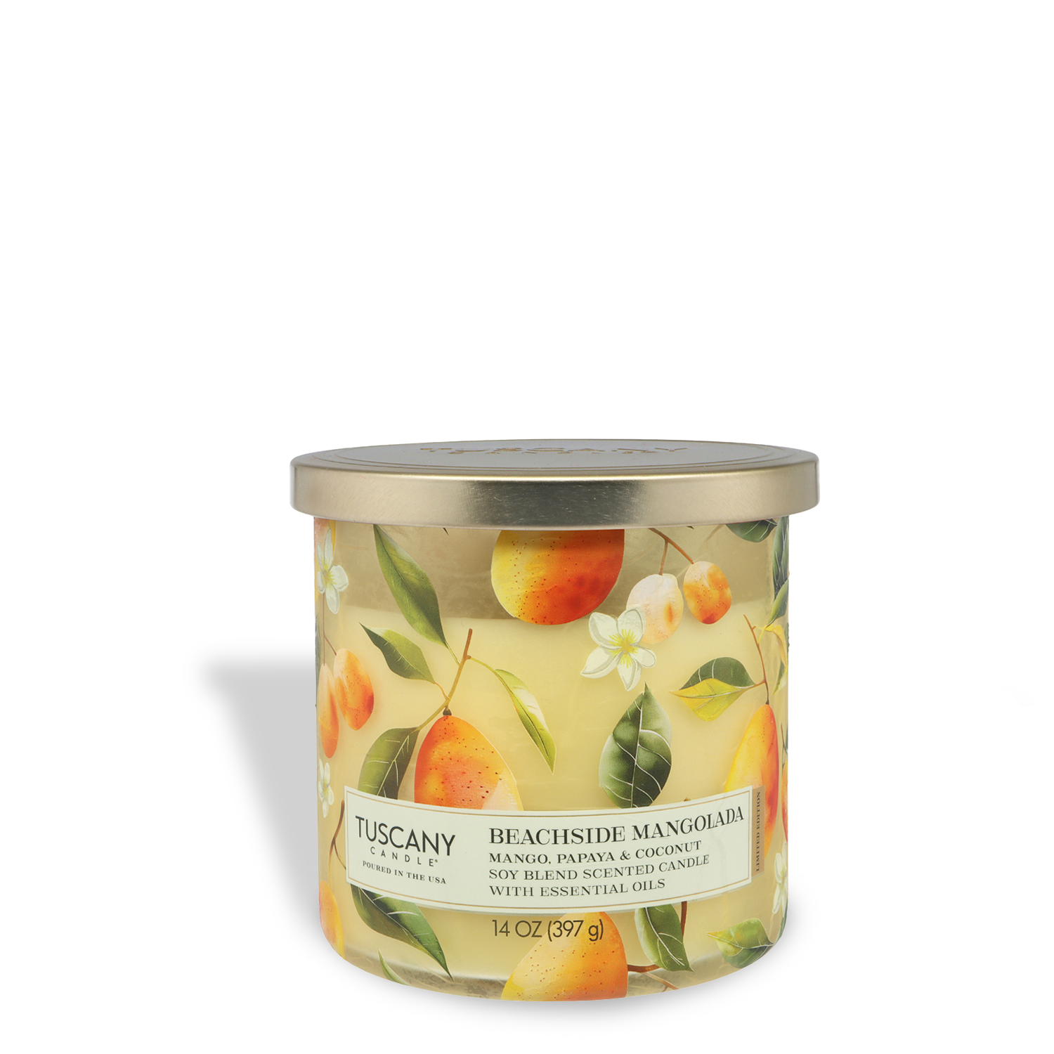 The Tuscany Candle® SEASONAL Beachside Mangolada: Papaya & Mango Scented Spring Candle (14 oz) from the Dreamy Destinations Collection features a tropical fruit scent in a glass jar with gold lid, perfect for refreshing your space this spring.