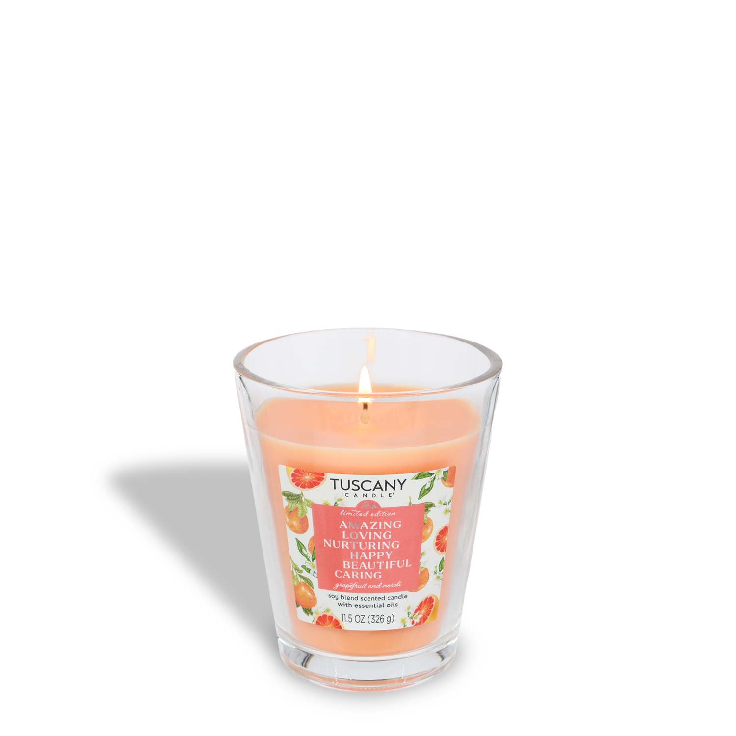 The Tuscany Candle® SEASONAL Amazing Mother: Grapefruit & Neroli Scented Spring Candle (11.5 oz) in a clear glass jar with a floral label and uplifting text is the perfect gift for any occasion.