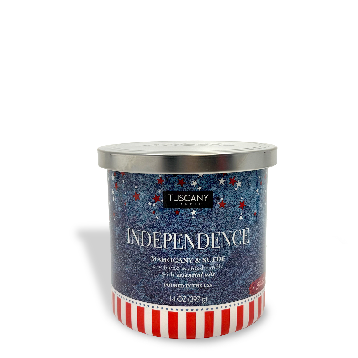Celebrate summer with Tuscany Candle® SEASONAL’s Independence: Mahogany & Suede Scented Summer Candle (14 oz)—a bold, inviting fragrance in a festive red, white, and blue jar with silver lid. Perfect for adding patriotic style to your home.