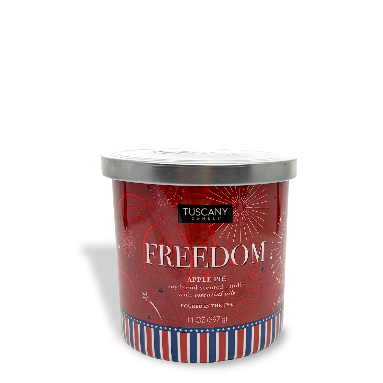 The 14 oz Freedom: Apple Pie Scented Summer Candle by Tuscany Candle® SEASONAL features patriotic fireworks and stripes with a silver lid—perfect for festive summer celebrations.