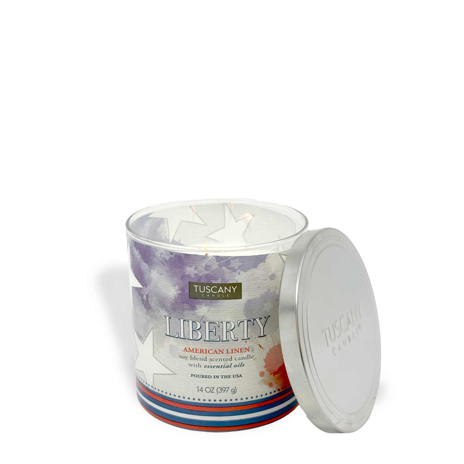 The Tuscany Candle® SEASONAL "Liberty: American Linen Scented Summer Candle" (14 oz) fills your home with the clean aroma of fresh linen—perfect for summer. Jar shown with lid removed and leaning against it.