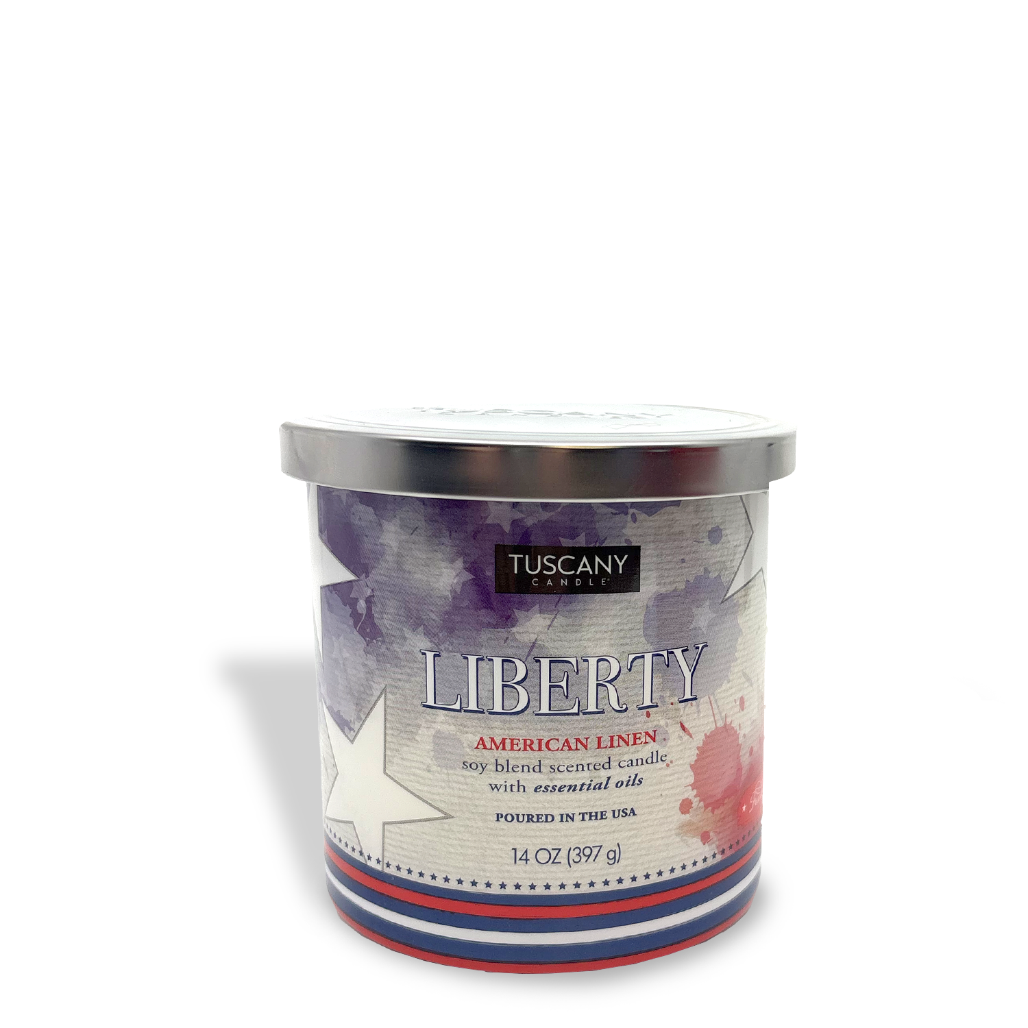 Tuscany Candle® SEASONAL Liberty: American Linen Scented Summer Candle (14 oz) features a fresh linen fragrance and a stars and stripes label—perfect for brightening your summer décor with patriotic flair.