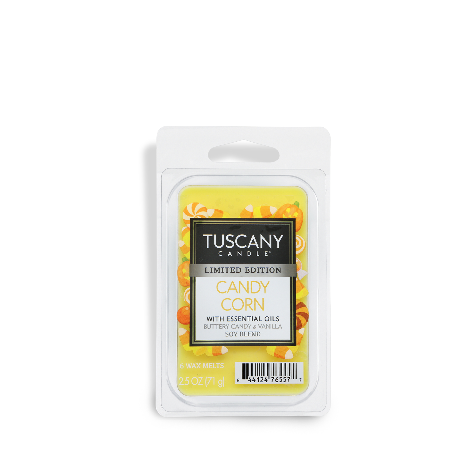 A 2.5 oz package of Tuscany Candle® SEASONAL Candy Corn: Buttery Vanilla Scented Halloween Wax Melt, featuring a yellow label with orange candy corn graphics.