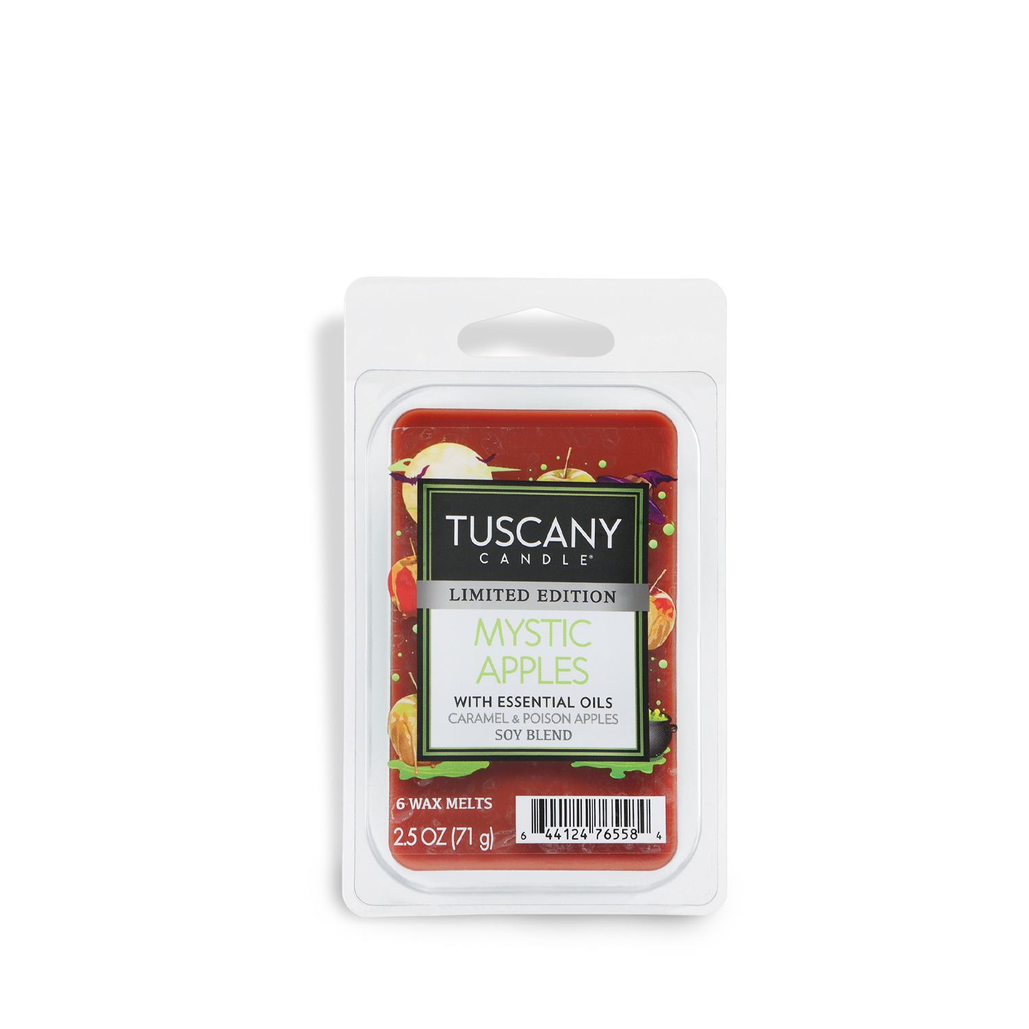 A 2.5 oz package of Tuscany Candle® SEASONAL Mystic Apples: Caramel Apple Scented Halloween Wax Melt, labeled as a limited edition and containing 6 wax melts with essential oils.