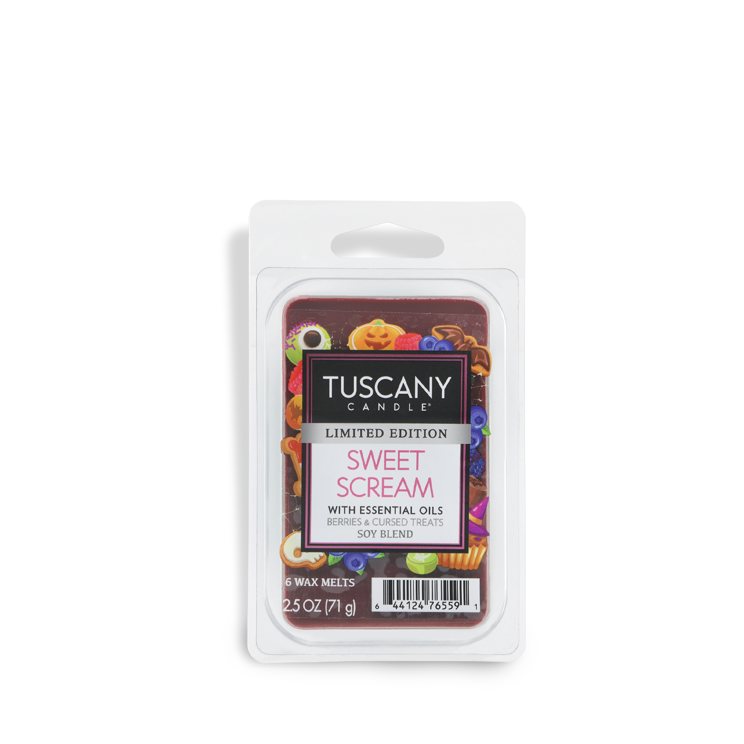 A 2.5 oz clamshell package of Tuscany Candle® SEASONAL Sweet Scream: Berries & Cursed Treats Scented Halloween Wax Melt, limited edition, featuring a festive candy-themed label.