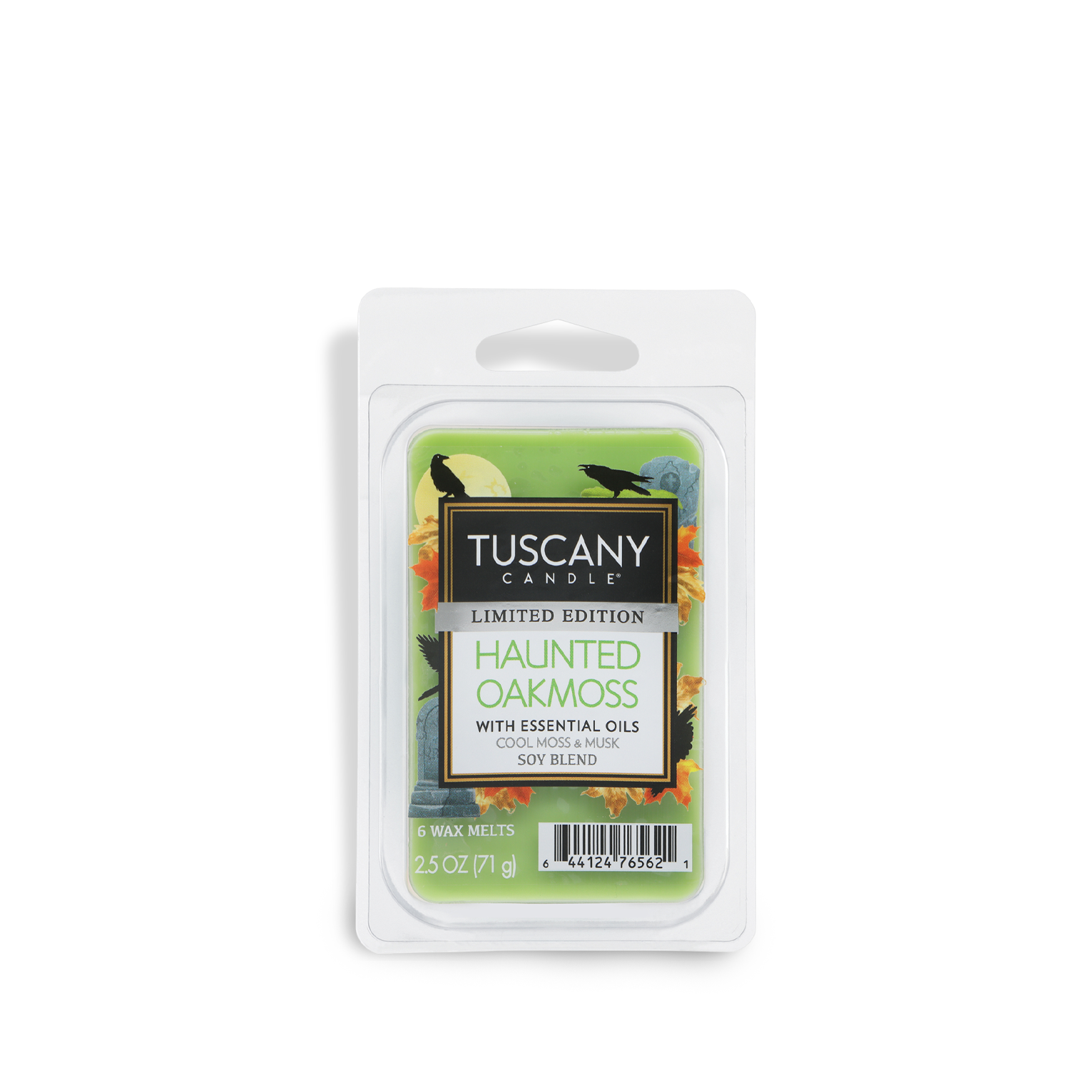 A limited edition 2.5 oz package of Tuscany Candle® SEASONAL Haunted Oakmoss: Cool Moss & Musk Scented Halloween Wax Melts, with essential oils, containing six melts.