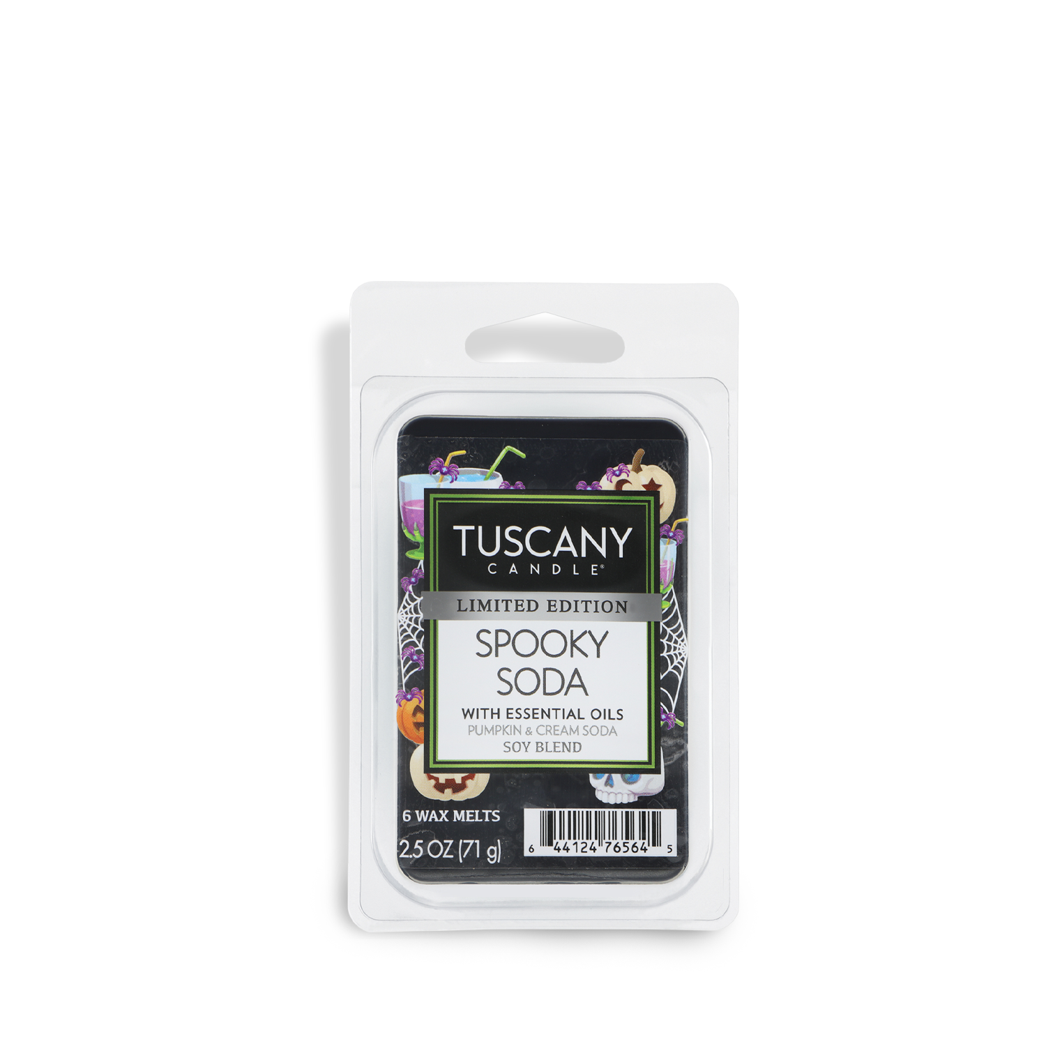 A 2.5 oz pack of Tuscany Candle® SEASONAL Spooky Soda: Pumpkin & Cream Soda Scented Halloween Wax Melt, limited edition, displayed in a clear plastic container with a festive label.