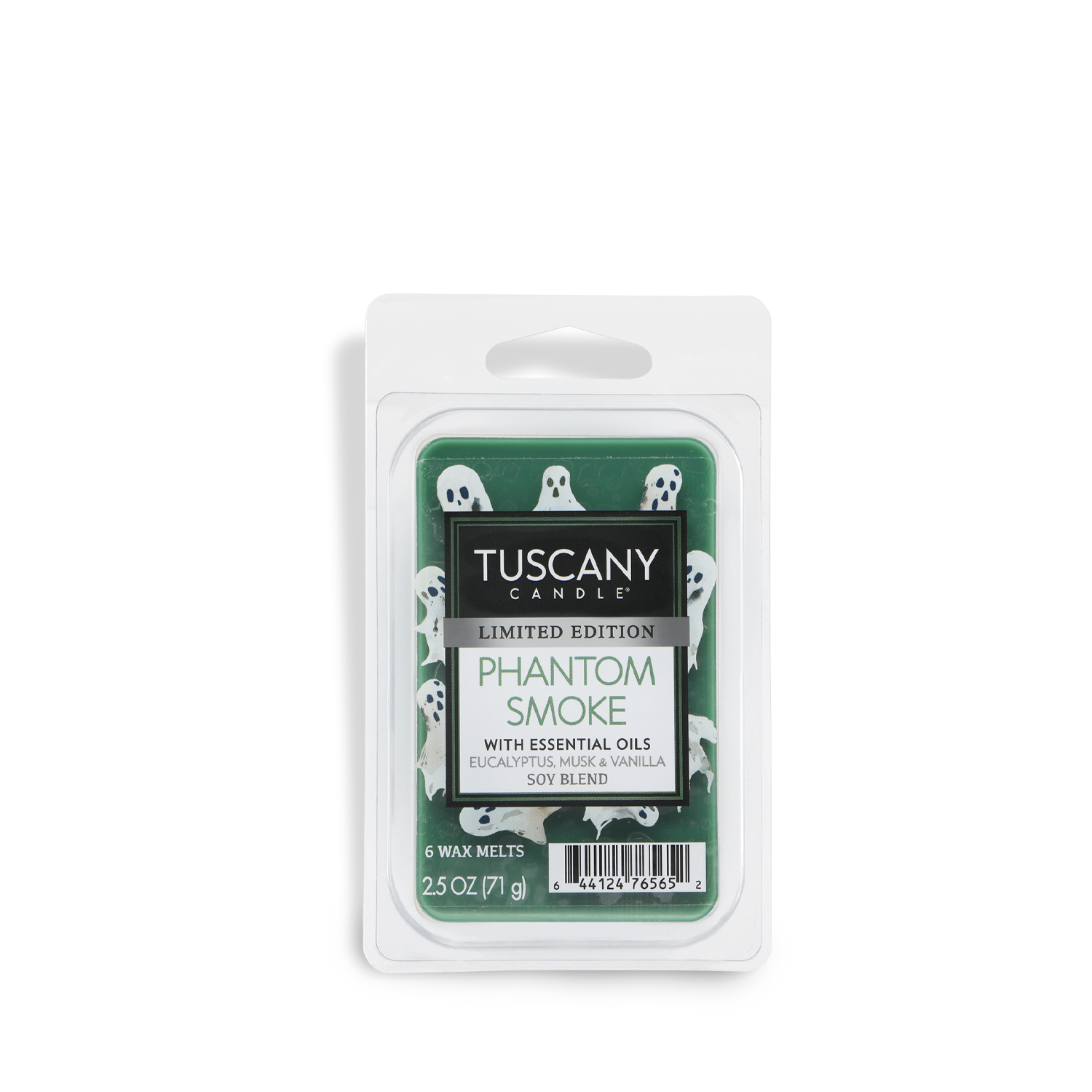 A 2.5 oz package of Tuscany Candle® SEASONAL Phantom Smoke: Eucalyptus & Vanilla Scented Halloween Wax Melts, featuring a green label with ghost illustrations and containing six wax melts.