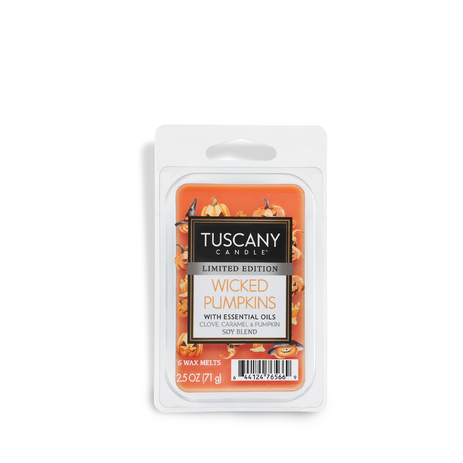 A 2.5 oz package of Tuscany Candle® SEASONAL Wicked Pumpkins: Caramel & Pumpkin Scented Halloween Wax Melt, limited edition.