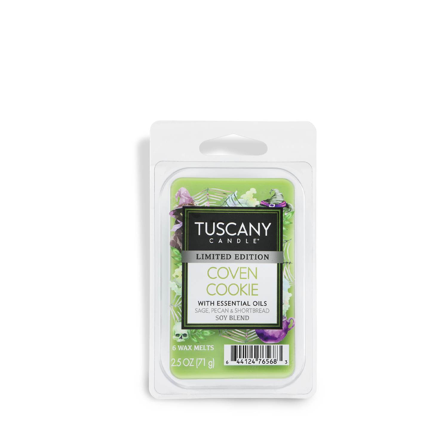 Tuscany Candle® SEASONAL Coven Cookie: Pecan Shortbread Scented Halloween Candle Wax Melt (2.5 oz), a limited edition green wax melt in a clamshell package, features notes of sage, peony, and shortbread.