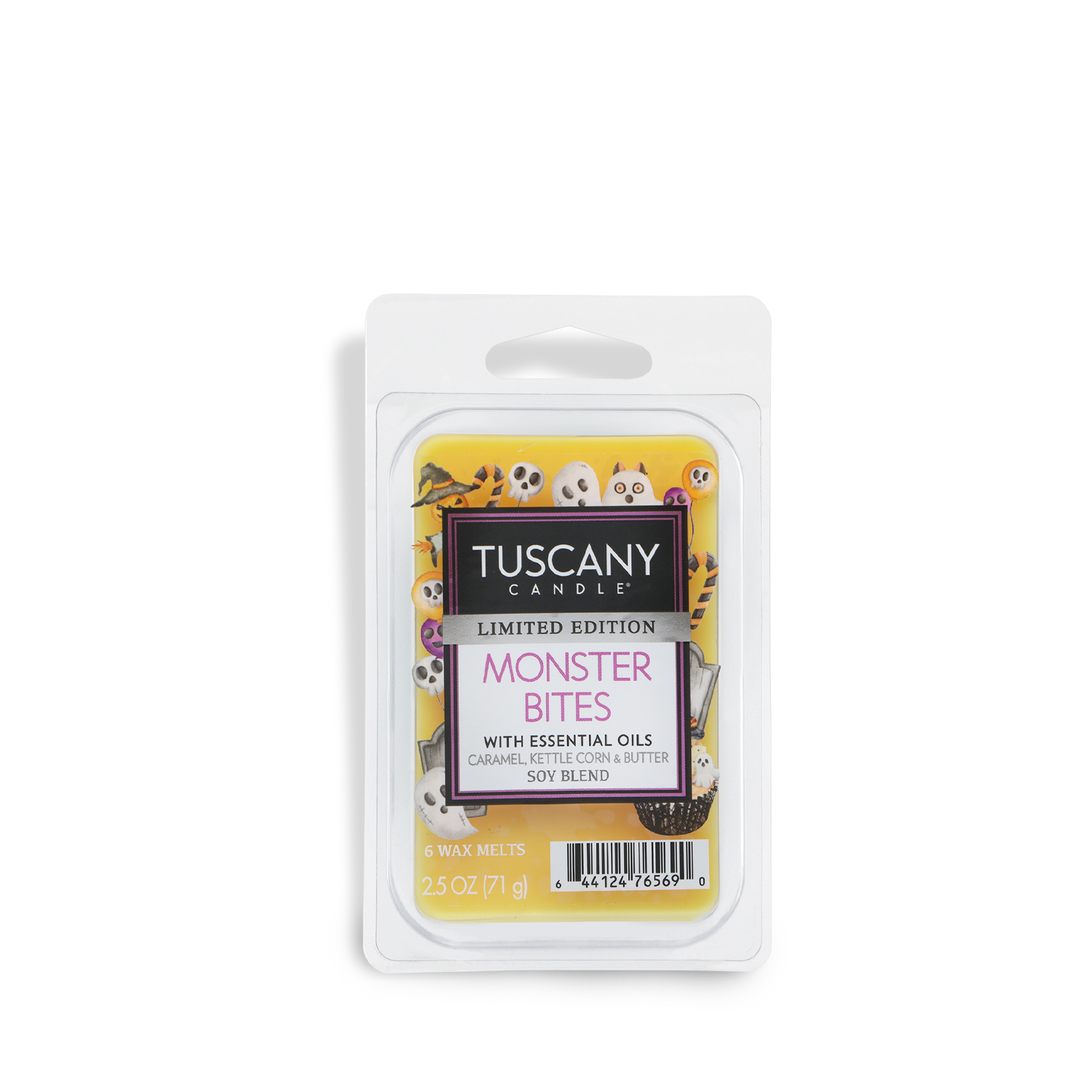 A 2.5 oz package of Tuscany Candle® SEASONAL wax melts labeled “Monster Bites: Caramel Kettlecorn Scented Halloween Candle Wax Melt,” featuring cartoon monster faces and a blend of caramel, kettle corn, and butter fragrance.