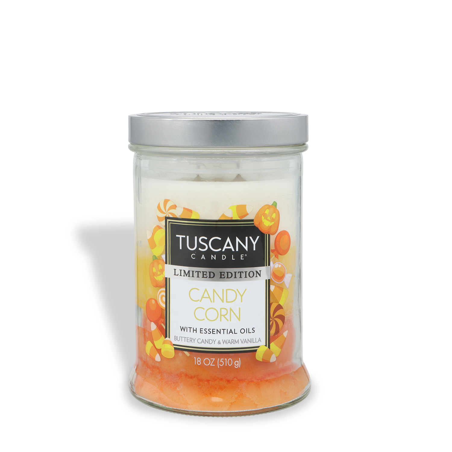 An 18 oz glass jar of Tuscany Candle® SEASONAL Candy Corn: Buttery Candy & Vanilla Scented Halloween Candle, featuring a silver lid and a label with a colorful candy corn design.