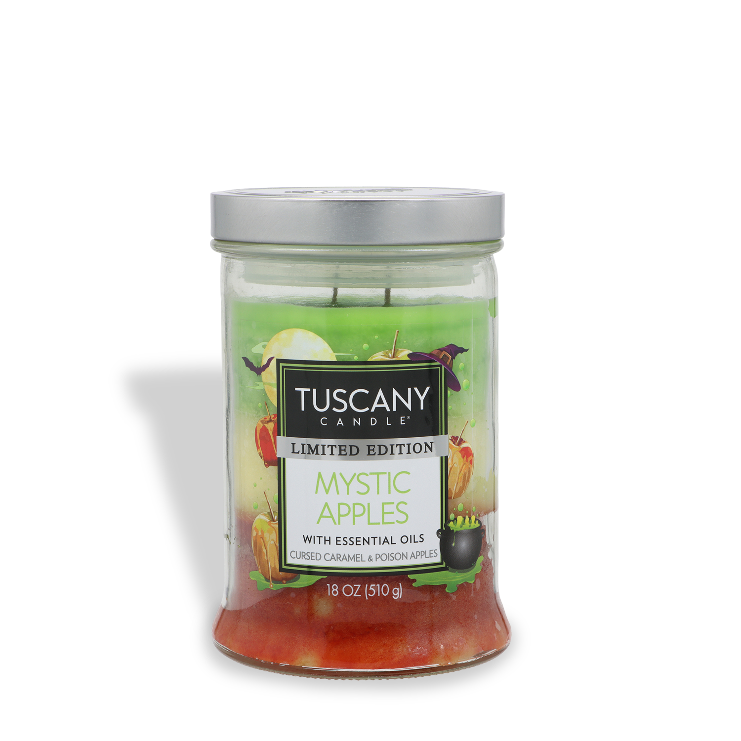 A glass jar labeled “Tuscany Candle® SEASONAL Mystic Apples: Caramel & Poison Apples Scented Halloween Candle (18 oz)” with two wicks and an apple-themed design.