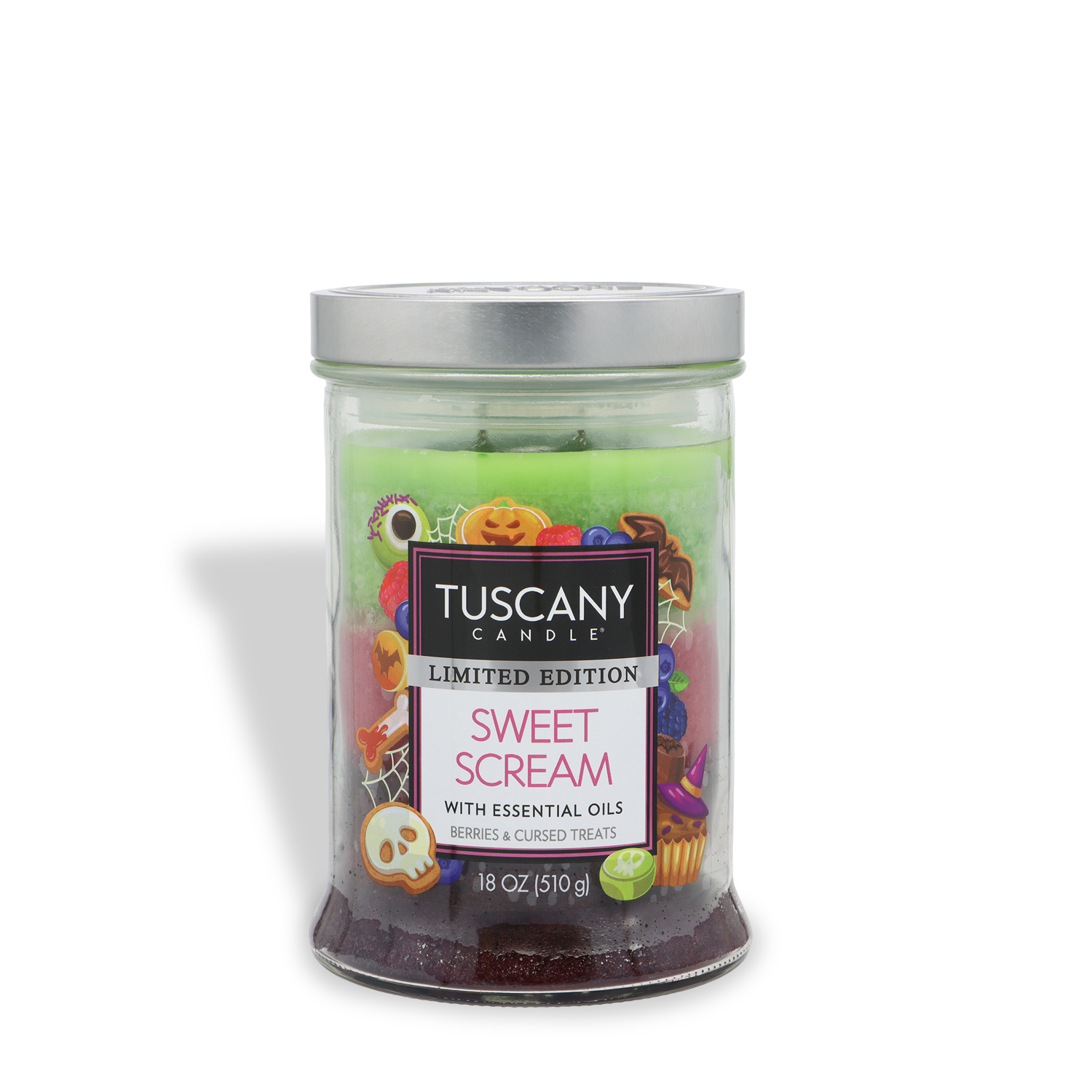 A glass jar candle labeled “Tuscany Candle® SEASONAL Sweet Scream: Berries & Cursed Treats” with Halloween-themed graphics, green and red wax, a silver lid, and an 18 oz size.