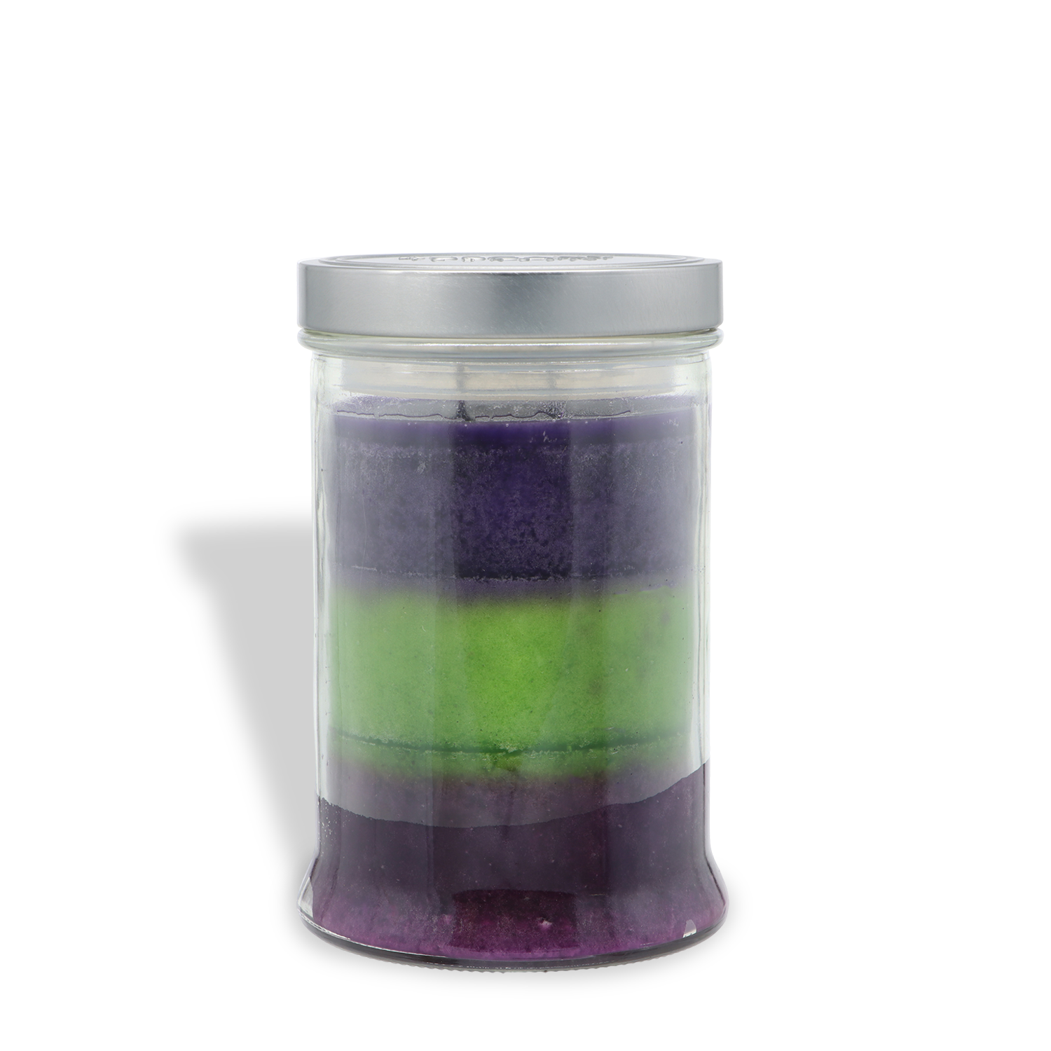 The Tuscany Candle® SEASONAL Haunted Graveyard: Phantom Smoke & Dark Woods Scented Halloween Candle (18 oz), featuring layered purple and green wax and topped with a silver metal lid, is displayed on a white background.