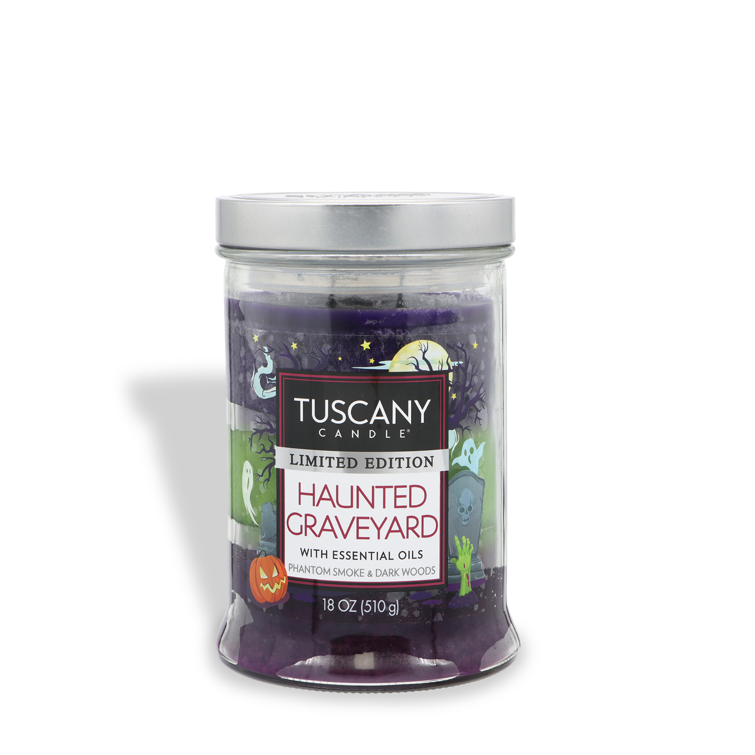 An 18 oz glass jar candle labeled “Haunted Graveyard: Phantom Smoke & Dark Woods,” from Tuscany Candle® SEASONAL, featuring Halloween-themed graphics and filled with purple wax.