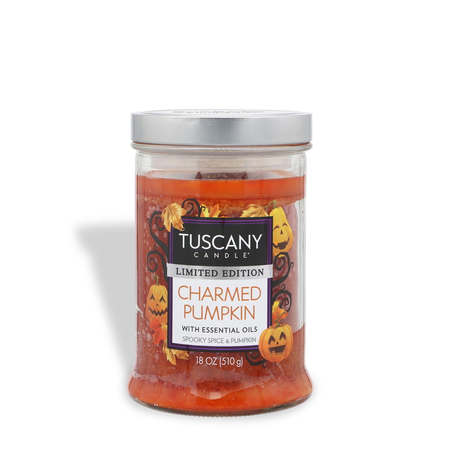 A Tuscany Candle® SEASONAL jar labeled “Charmed Pumpkin: Spooky Spice & Pumpkin Scented Halloween Candle” features festive pumpkin graphics, orange wax, a silver lid, and weighs 18 oz (510 g).