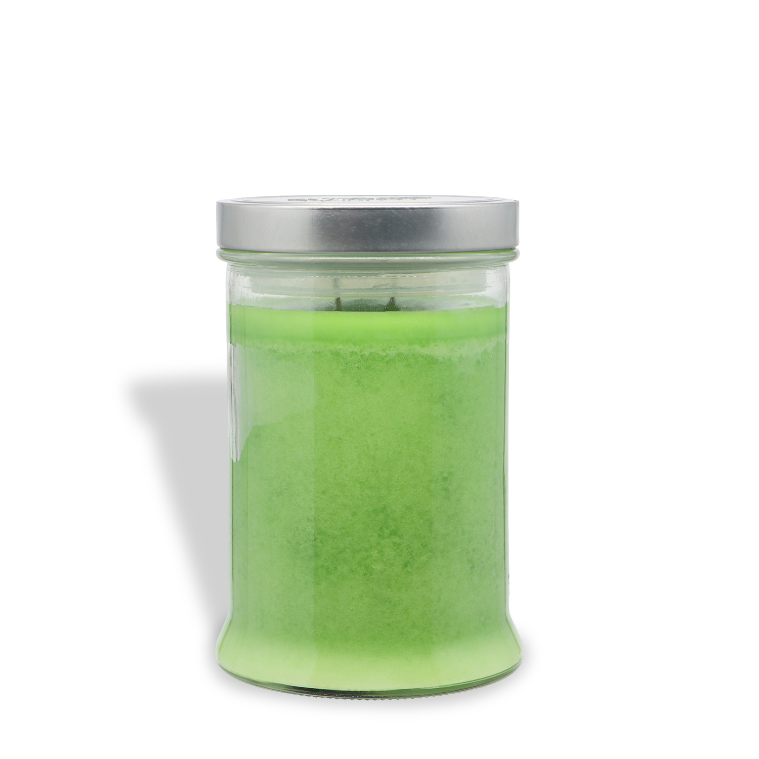 An 18 oz clear glass jar with a silver lid, labeled “Haunted Oakmoss: Cool Moss & Musk Scented Halloween Candle” by Tuscany Candle® SEASONAL, contains a green candle and is set against a white background.