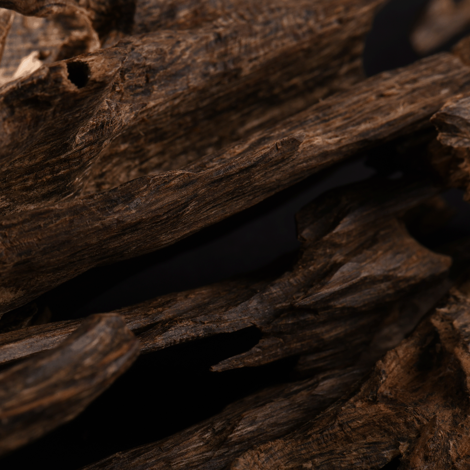 Close-up view of rough, dark brown wooden fragments with textured surfaces and irregular edges surrounds the Haunted Oakmoss: Cool Moss & Musk Scented Halloween Candle (18 oz) by Tuscany Candle® SEASONAL, set against a dark background.