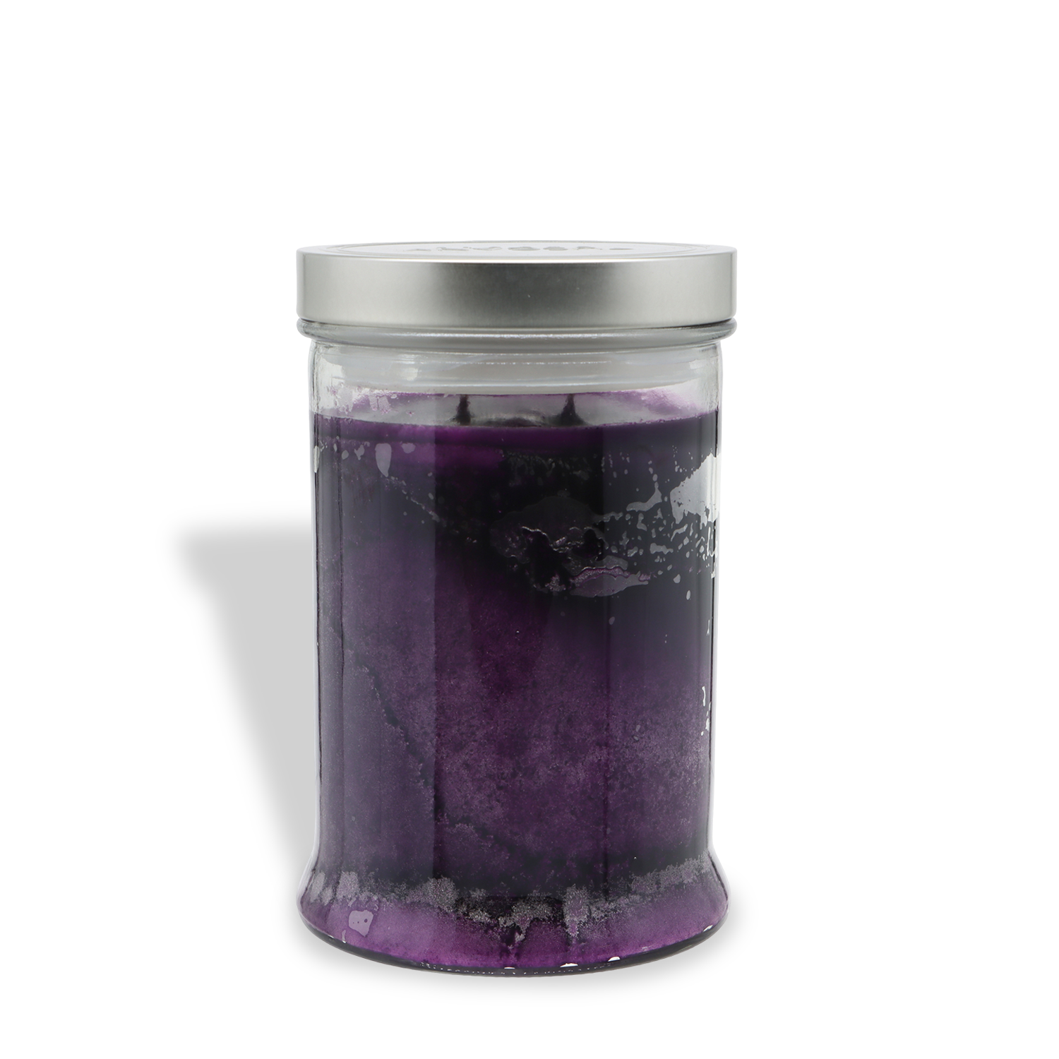 A clear glass jar with a silver metal lid contains Tuscany Candle® SEASONAL’s Forbidden Forest: Twilight Amber & Oak Scented Halloween Candle (18 oz), featuring a dark purple wax, set against a white background.