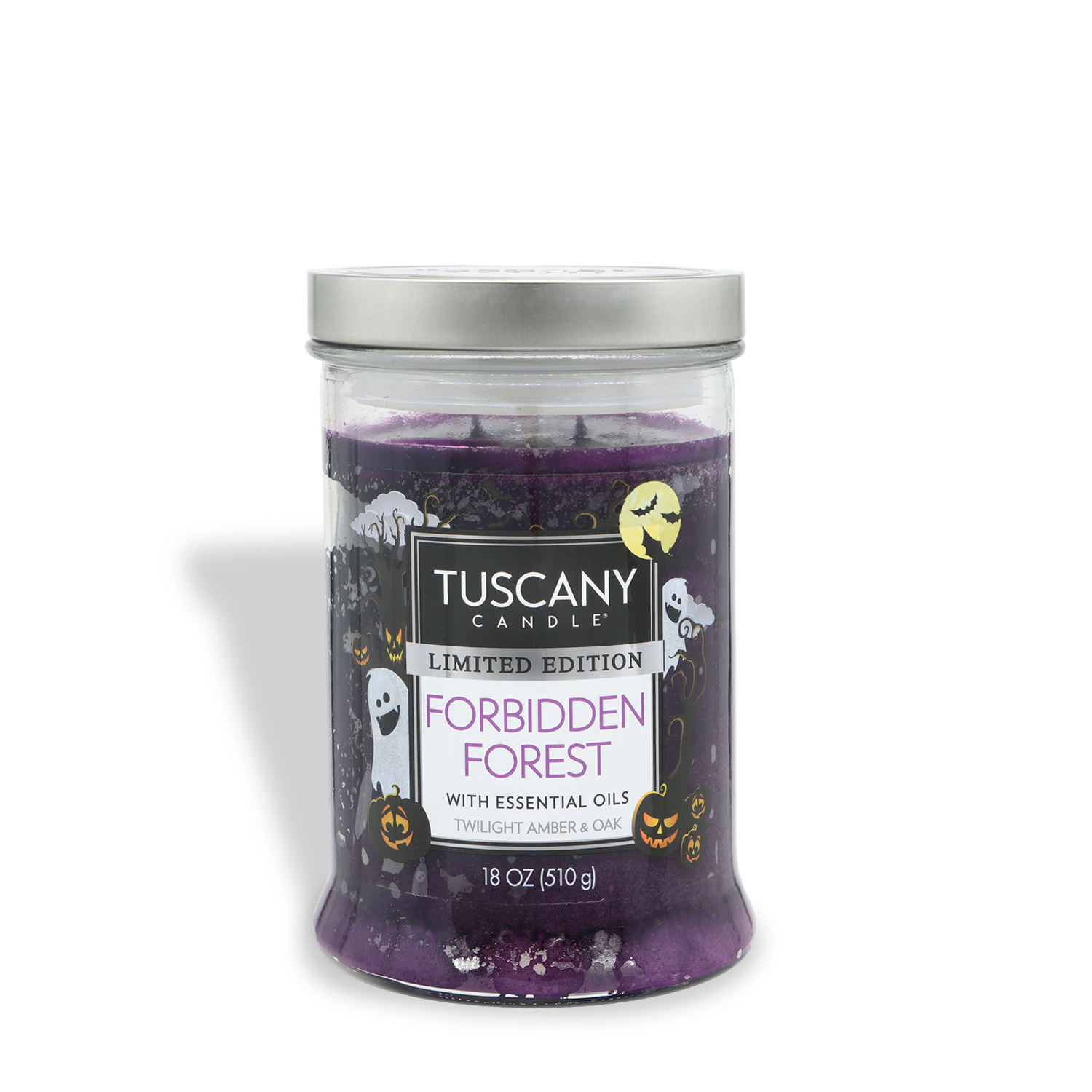 An 18 oz glass jar of Tuscany Candle® SEASONAL Forbidden Forest: Twilight Amber & Oak Scented Halloween Candle, featuring purple wax, festive Halloween designs, and infused with essential oils.