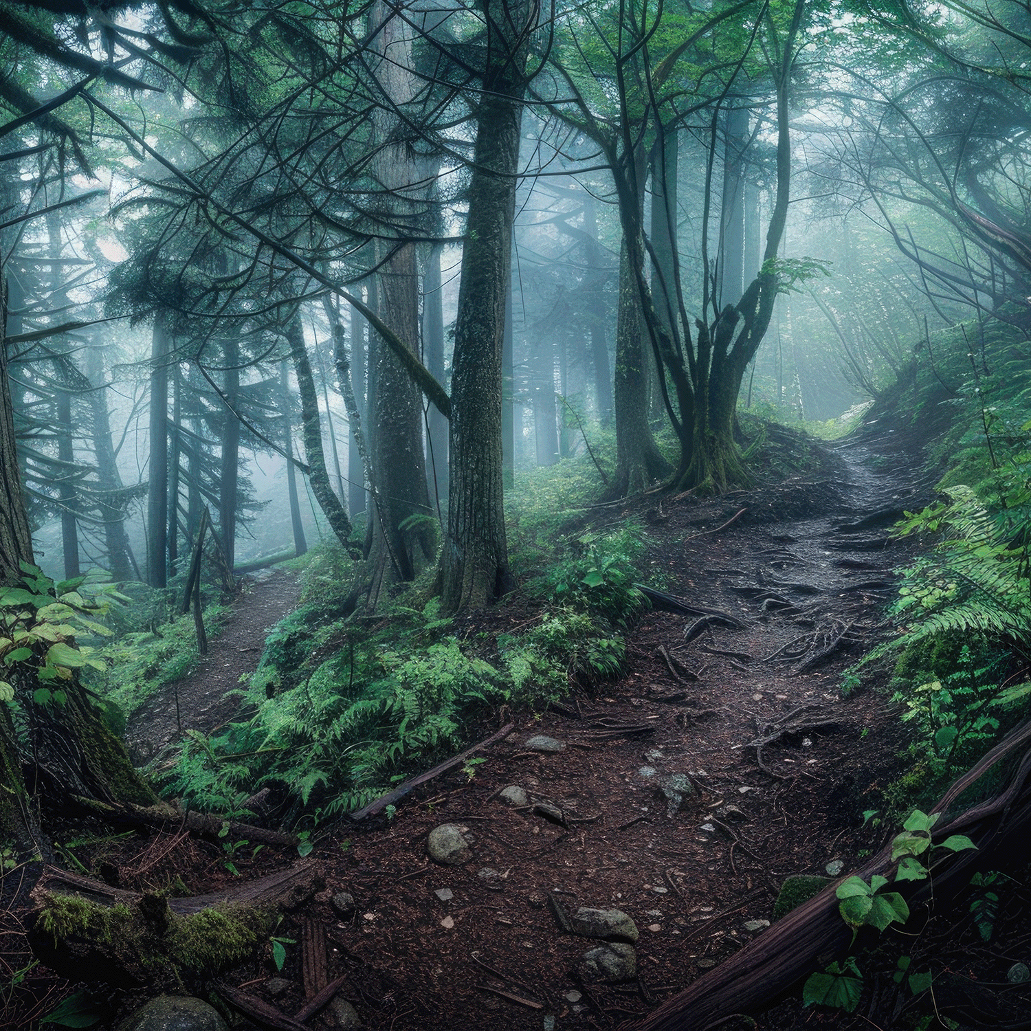 Experience the enchanting atmosphere of a misty forest with Tuscany Candle® SEASONAL’s Forbidden Forest: Twilight Amber & Oak Scented Halloween Candle (18 oz), evoking tall trees, dense green undergrowth, and a winding dirt path weaving through exposed roots and rocks.