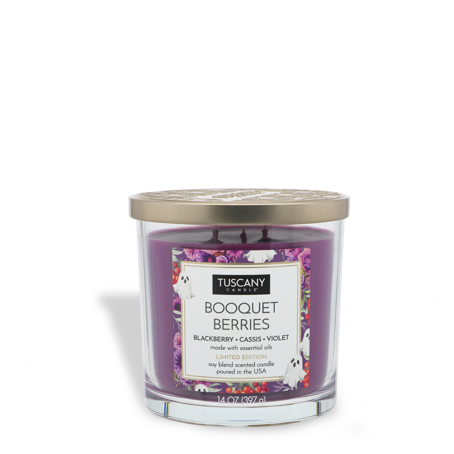 A 14 oz Tuscany Candle® SEASONAL “Booquet Berries: Blackberry & Cassis Scented Halloween Candle,” featuring purple wax in a clear glass jar with a gold lid and a floral label design.