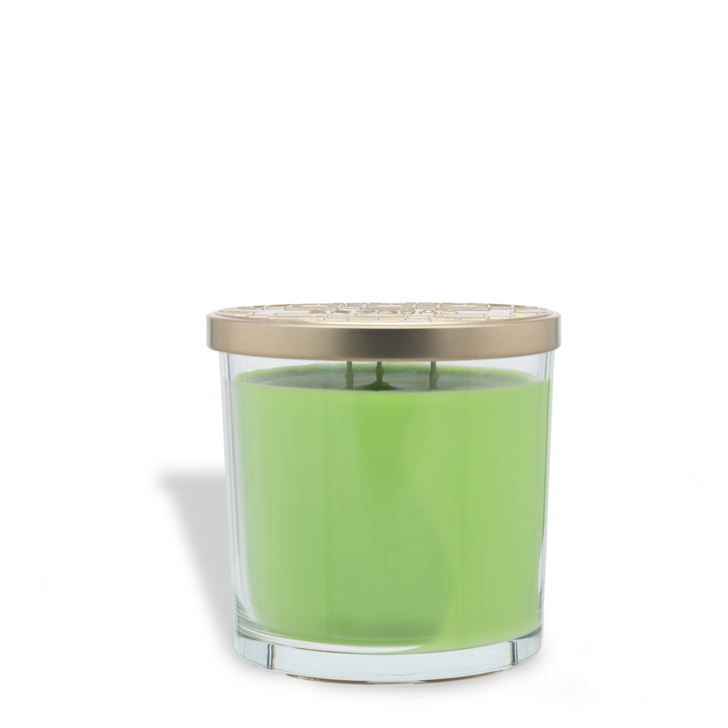 The Coven Cookie: Pecan Shortbread Scented Halloween Candle (14 oz) by Tuscany Candle® SEASONAL features green wax with two wicks in a clear glass container, topped with a decorative gold metal lid, shown against a white background.