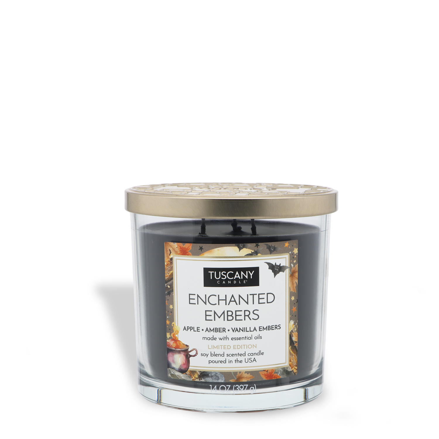 A Tuscany Candle® SEASONAL Enchanted Embers: Apple & Amber Scented Halloween Candle (14 oz) in a clear glass jar with a gold lid, featuring a label that highlights apple, amber, and vanilla embers as the fragrance notes.