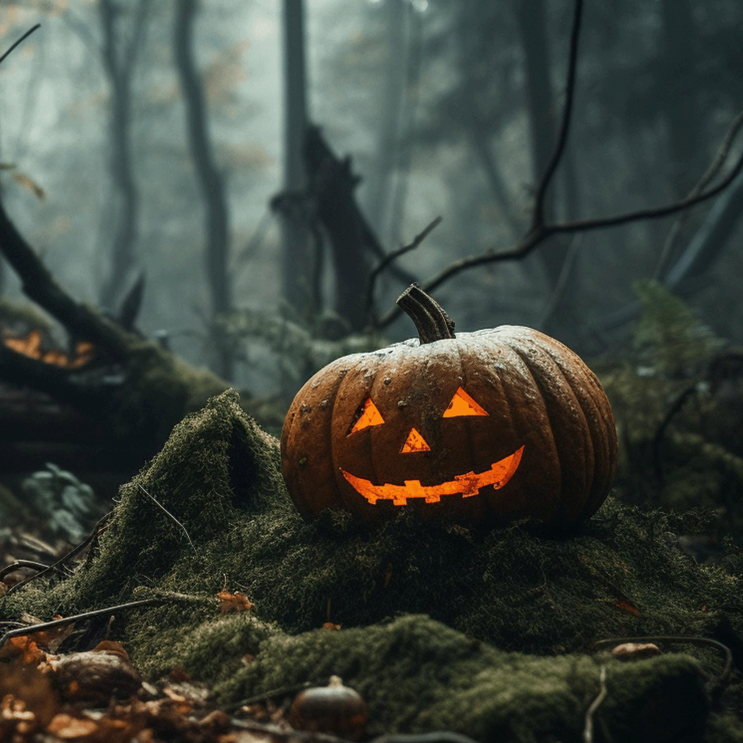 A Haunted Patch: Pumpkin, Leather & Ginger Scented Halloween Candle (18 oz) by Tuscany Candle® SEASONAL glows with a smiling jack-o’-lantern face on mossy ground in a foggy, wooded forest setting.
