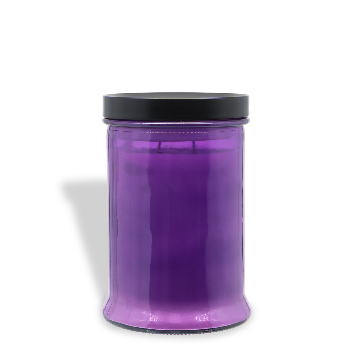 A Tuscany Candle® SEASONAL “Cauldron Boil: Smoked Cherry & White Woods Scented Halloween Candle” (18 oz) in purple, housed in a clear glass jar with a black lid, casts a shadow to the left on a white background.