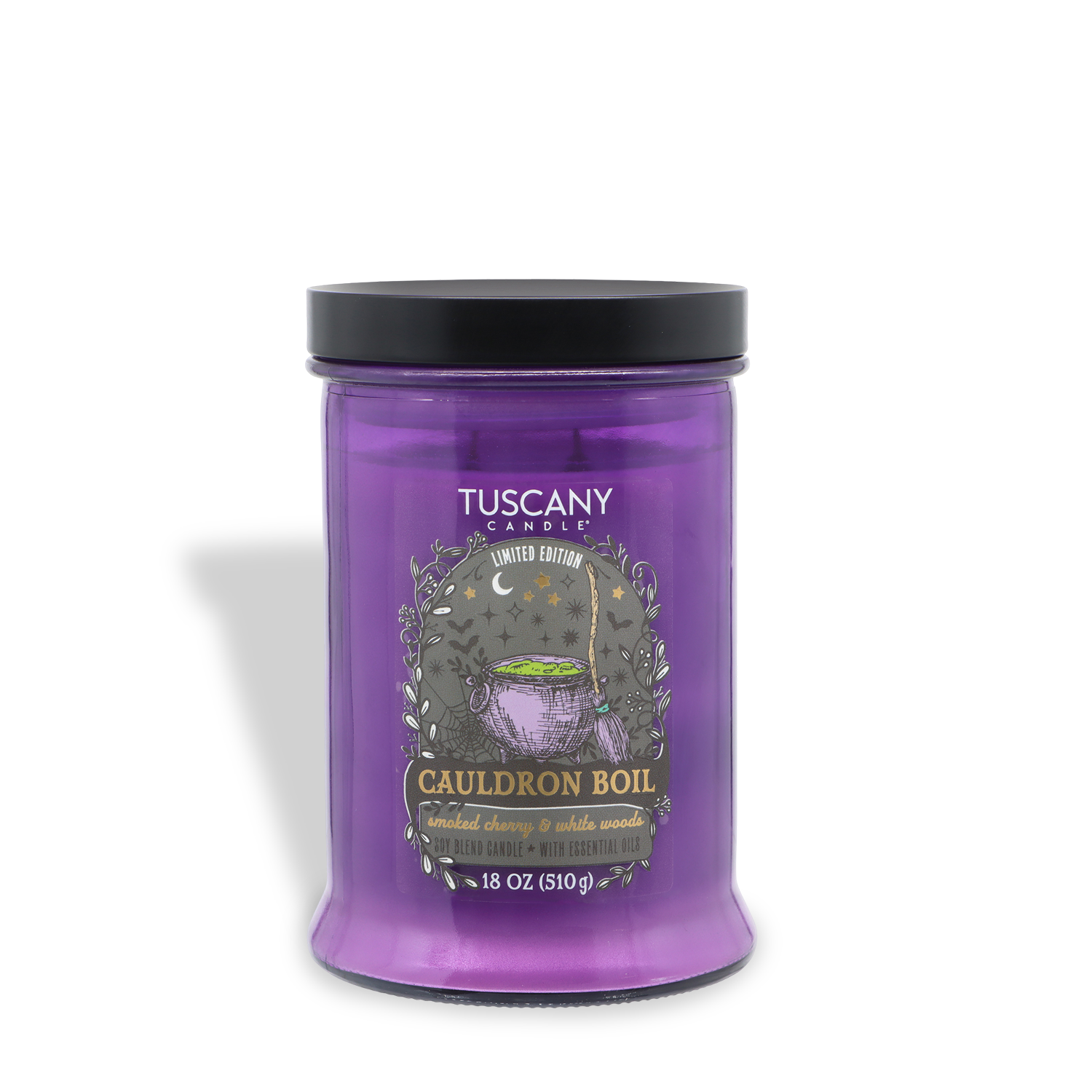 A Tuscany Candle® SEASONAL “Cauldron Boil: Smoked Cherry & White Woods” scented Halloween candle (18 oz), featuring a purple jar with a black lid, decorated with a cauldron graphic and scent notes of enchanted cherry and white woods.