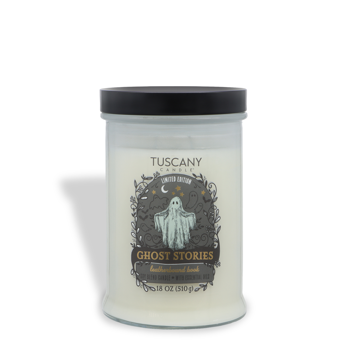 A white Tuscany Candle® SEASONAL labeled “Ghost Stories: Leatherbound Book Scented Halloween Candle” features a ghost illustration, a black lid, and contains 18 oz (510 g) of scented candle.