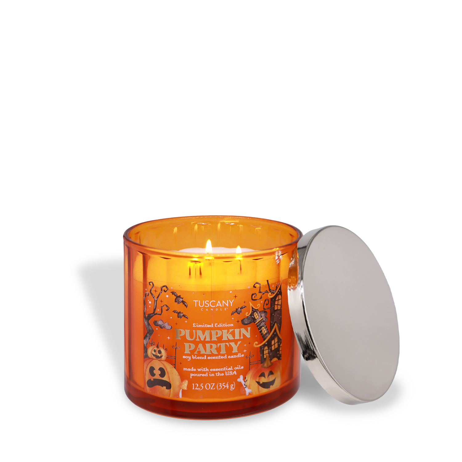 A 12.5 oz Pumpkin Party: Clove & Tonka scented candle by Tuscany Candle® SEASONAL, featuring three lit wicks and a silver lid resting on its side.
