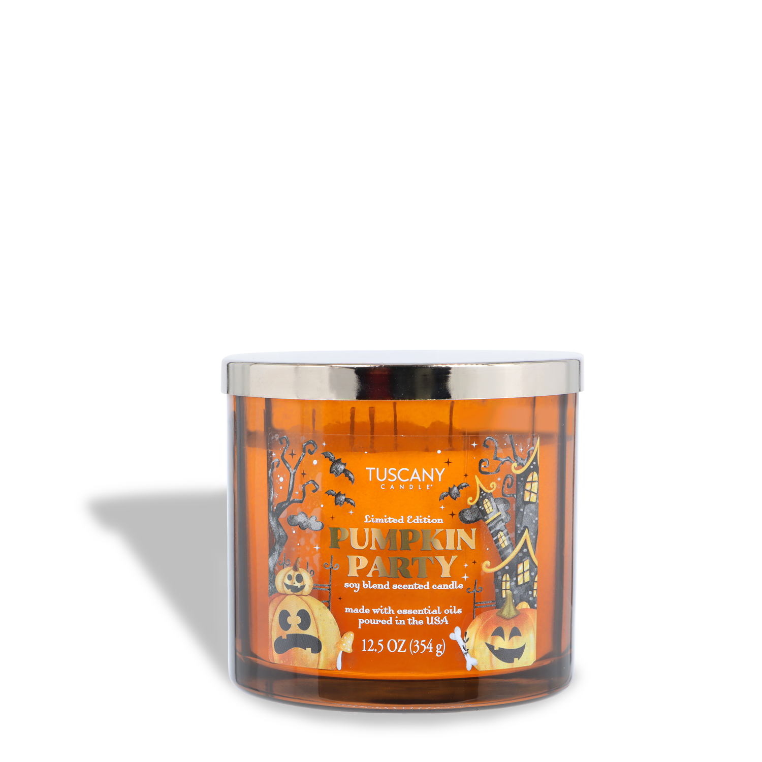 A 12.5 oz Tuscany Candle® SEASONAL “Pumpkin Party: Clove & Tonka Scented Halloween Candle” featuring Halloween-themed graphics and a silver lid.