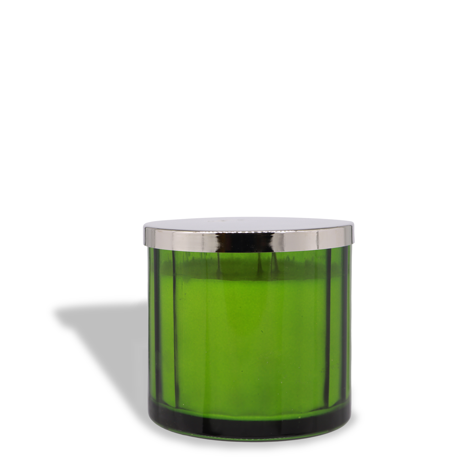 Cursed Apple: Nutty Caramel Apple Scented Halloween Candle (12.5 oz) by Tuscany Candle® SEASONAL, in a green glass jar with a silver metal lid, casting a shadow to the left on a white background.