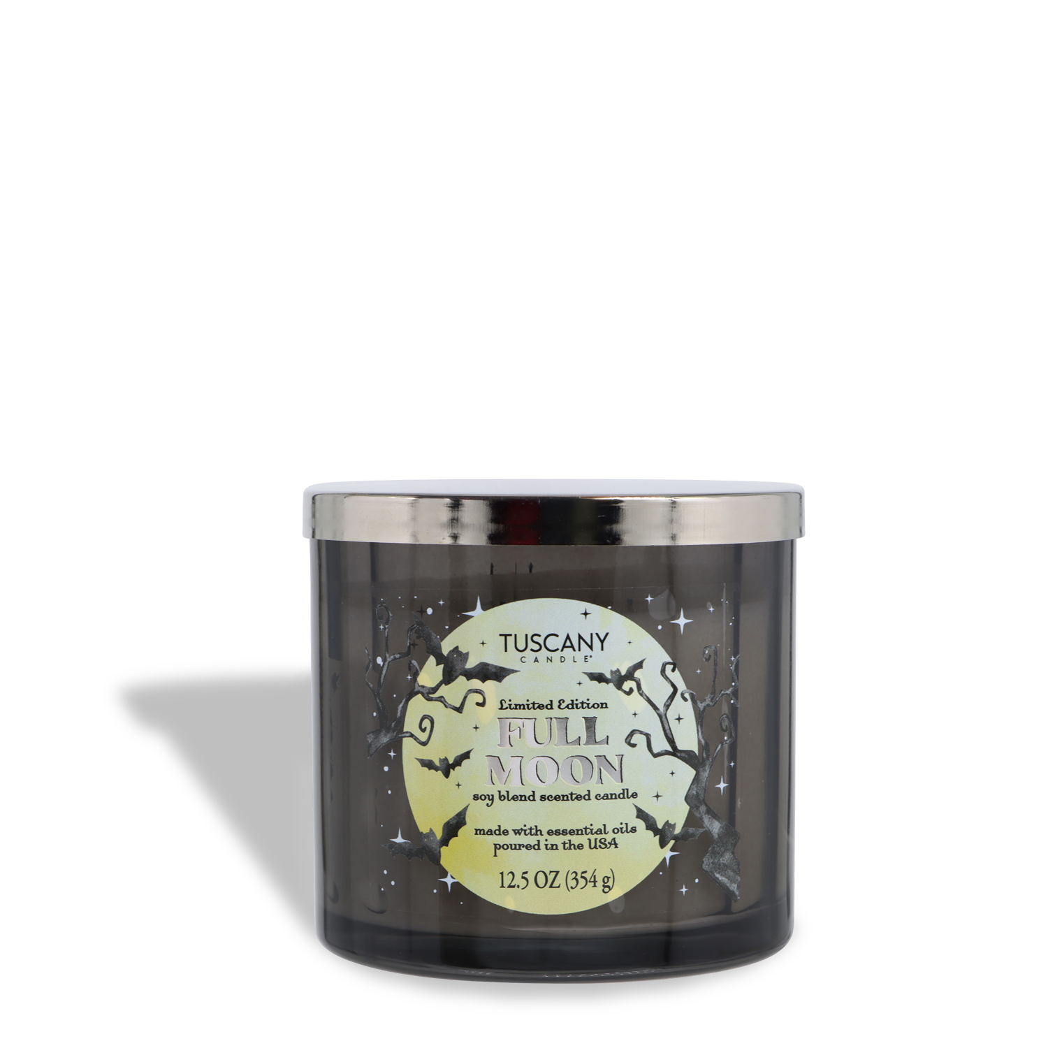 A 12.5 oz Tuscany Candle® SEASONAL jar candle labeled “Full Moon: Black Timber & Red Cherry,” featuring a black jar with a silver lid and moon-and-tree design on the front.