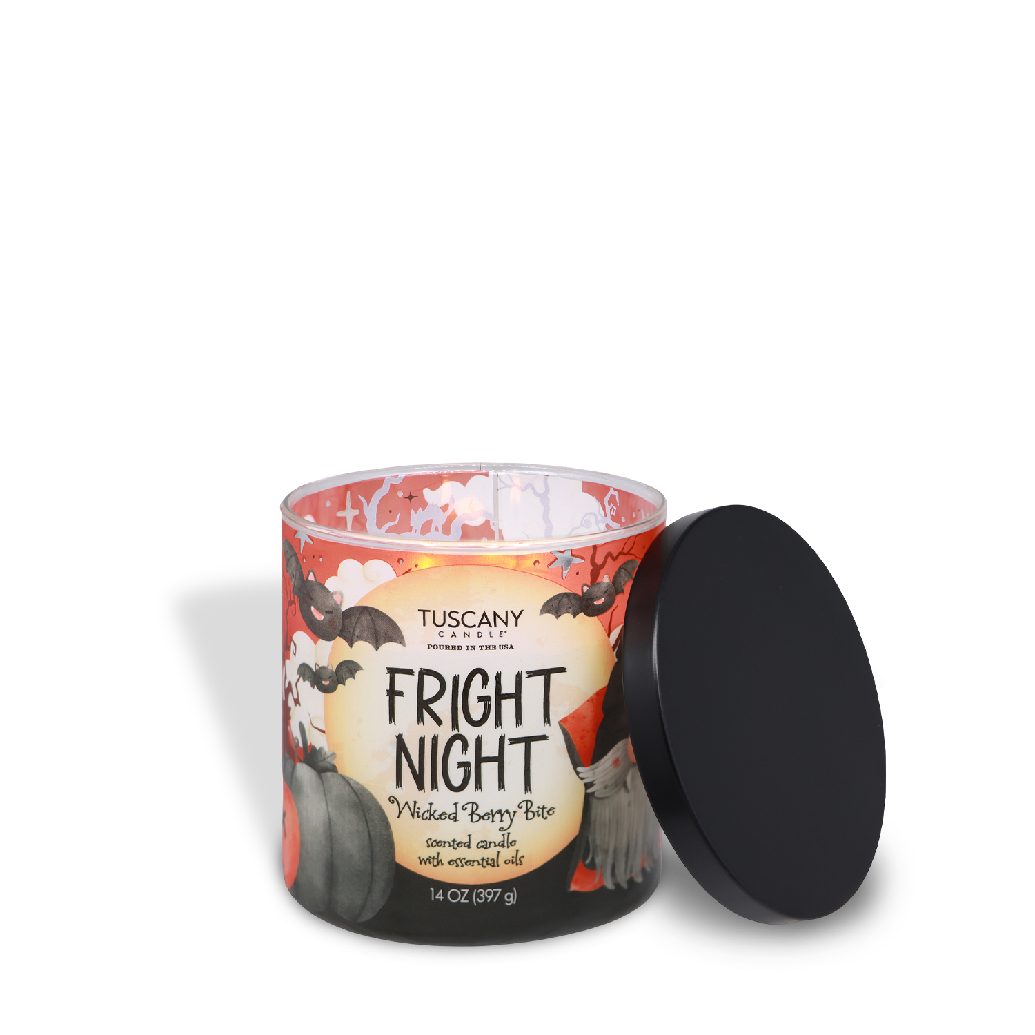 A lit Tuscany Candle® SEASONAL “Fright Night: Wicked Berry Bite” scented Halloween candle (14 oz), with essential oils, is shown with its black lid removed and placed beside it.