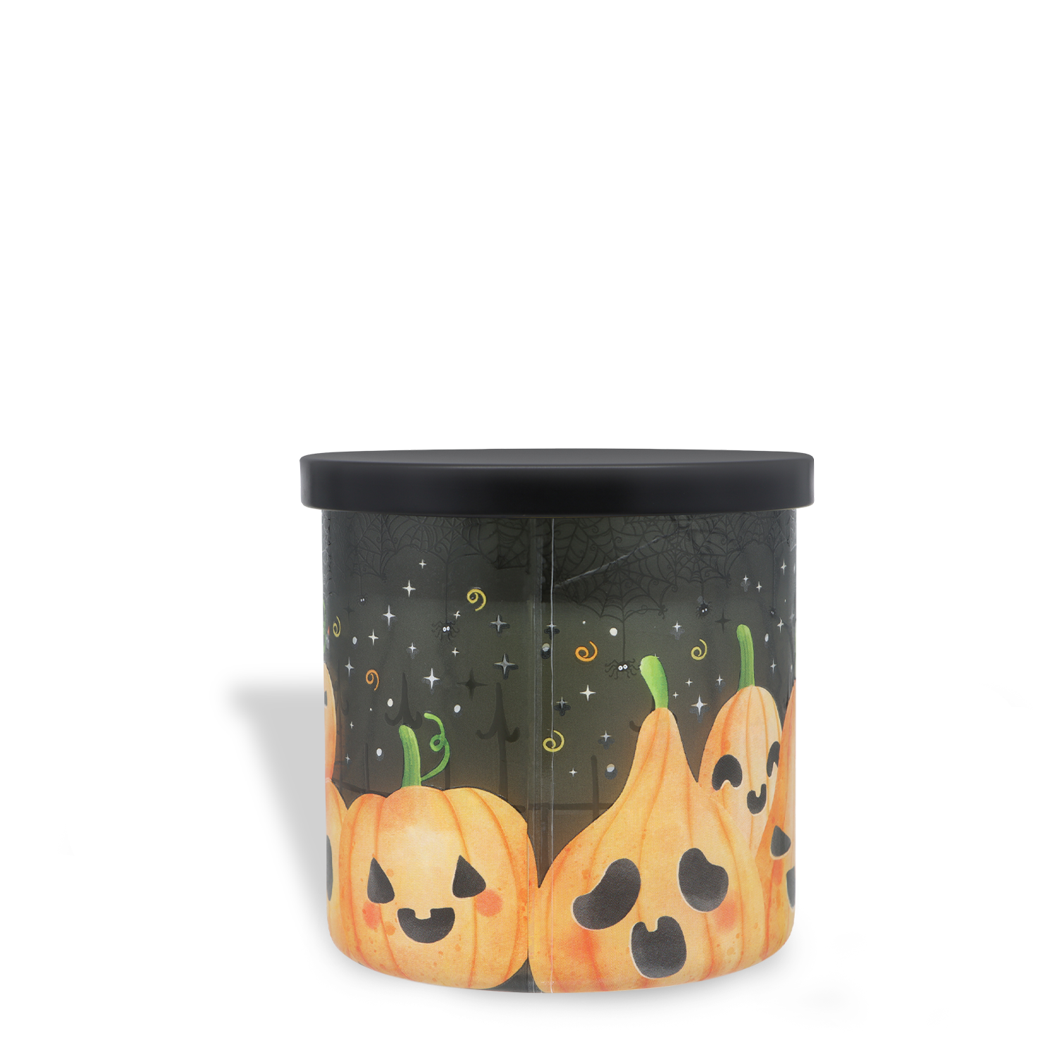The Tuscany Candle® SEASONAL Trick or Treat: Haunted Pumpkin Scented Halloween Candle (14 oz) comes in a round container with a black lid, featuring smiling and spooky orange pumpkins, stars, and a dark background with tree branches.