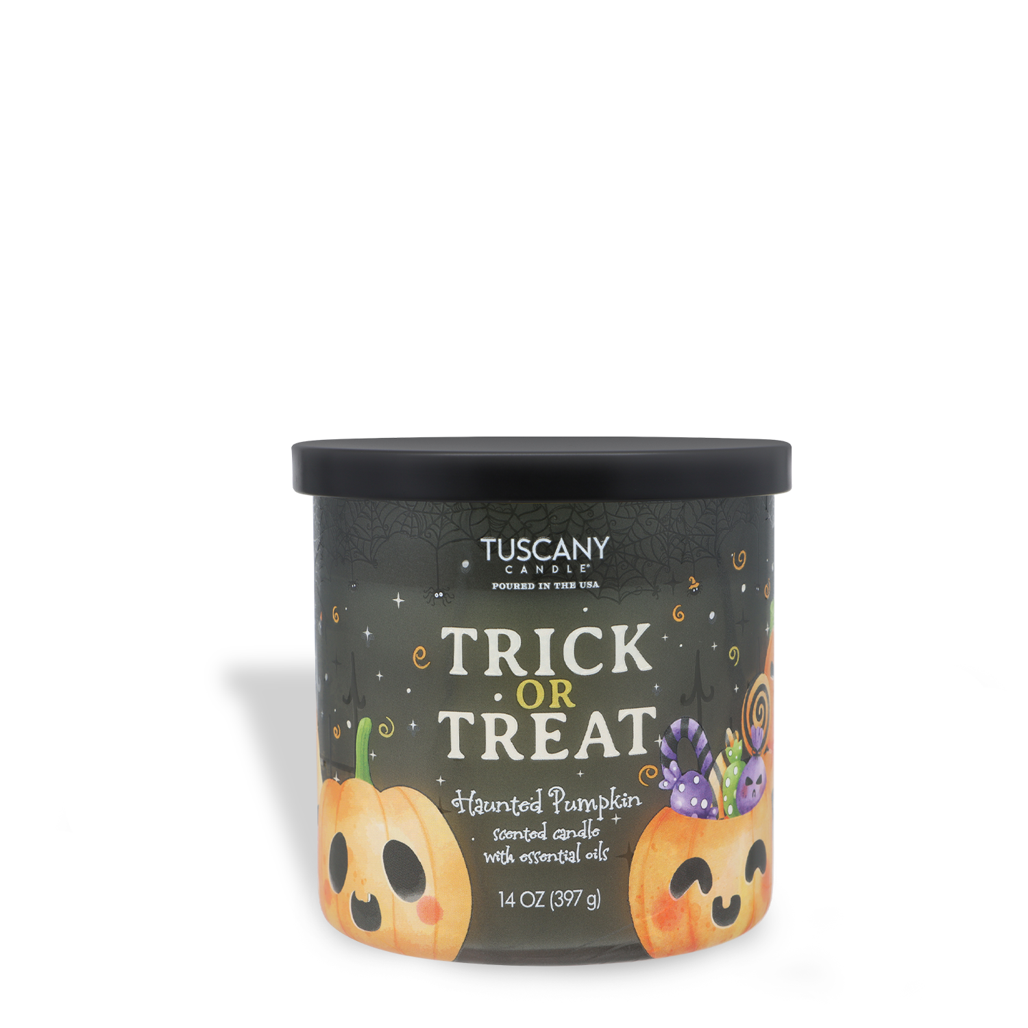 A 14 oz Tuscany Candle® SEASONAL “Trick or Treat: Haunted Pumpkin Scented Halloween Candle,” featuring pumpkin faces and candy illustrations on a black background.
