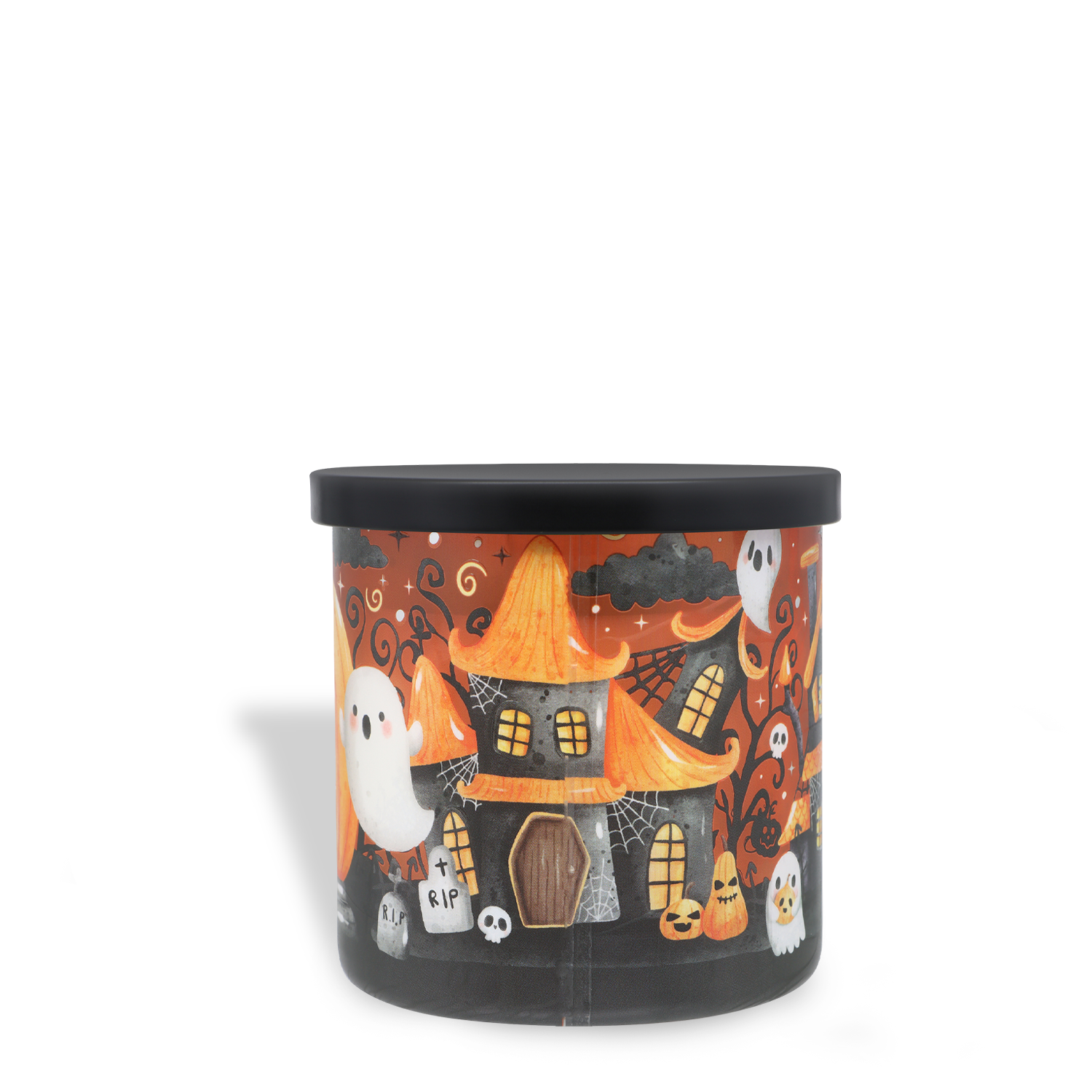 A 14 oz cylindrical Halloween candle from Tuscany Candle® SEASONAL, Eek: Pumpkin Latte Scented, featuring a black lid and a festive design with ghosts, a haunted house, pumpkins, and tombstones.