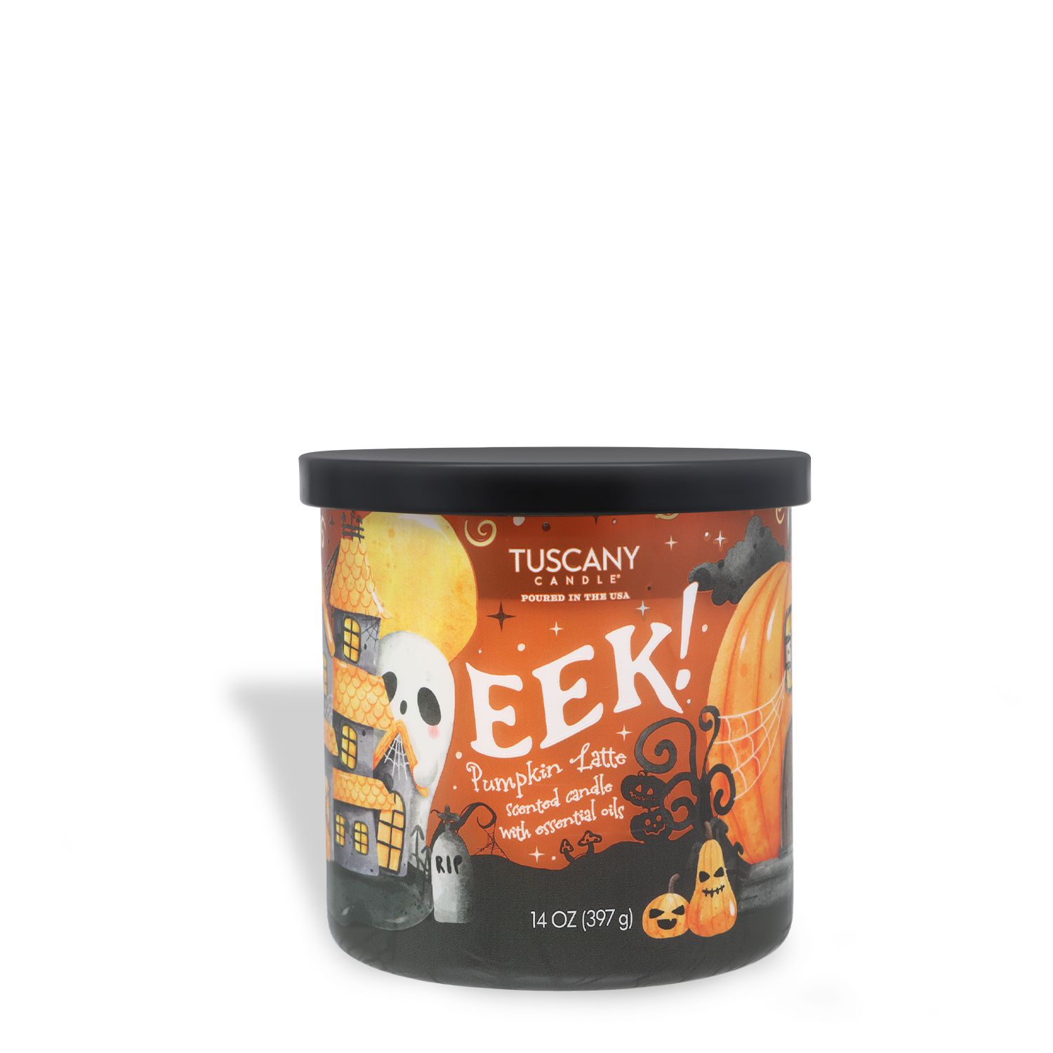 A Tuscany Candle® SEASONAL Eek: Pumpkin Latte Scented Halloween Candle (14 oz) featuring festive illustrations of a ghost, haunted house, pumpkin, and spiderweb.