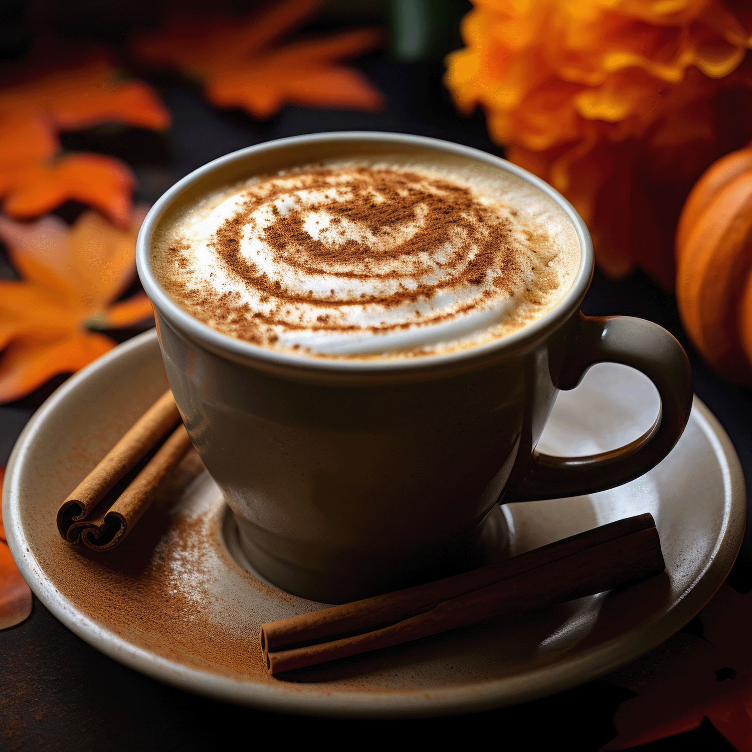 A 14 oz Eek: Pumpkin Latte Scented Halloween Candle by Tuscany Candle® SEASONAL sits on a saucer, surrounded by cinnamon sticks and autumn leaves on a dark surface.