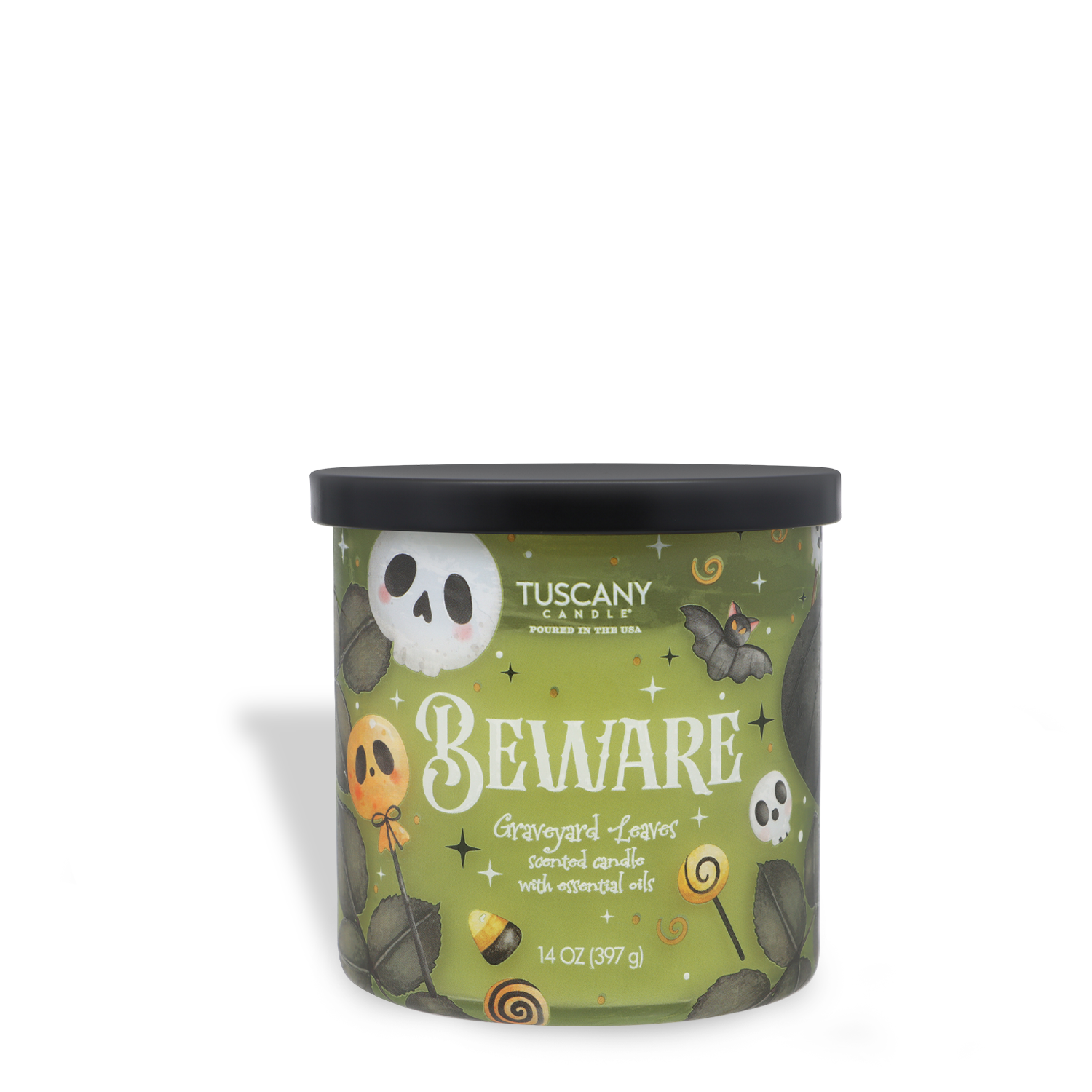 A 14 oz Tuscany Candle® SEASONAL “Beware: Graveyard Leaves Scented Halloween Candle” features festive decorations of skulls, ghosts, and bats, and is infused with essential oils.