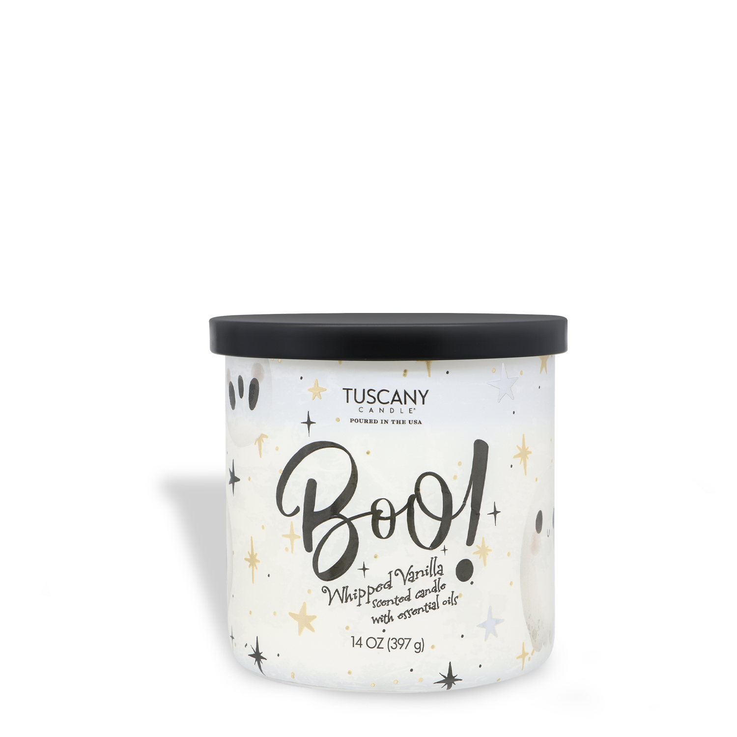 A Tuscany Candle® SEASONAL “Boo: Whipped Vanilla Scented Halloween Candle” (14 oz), white with a black lid, features stars and ghost eyes on the label.