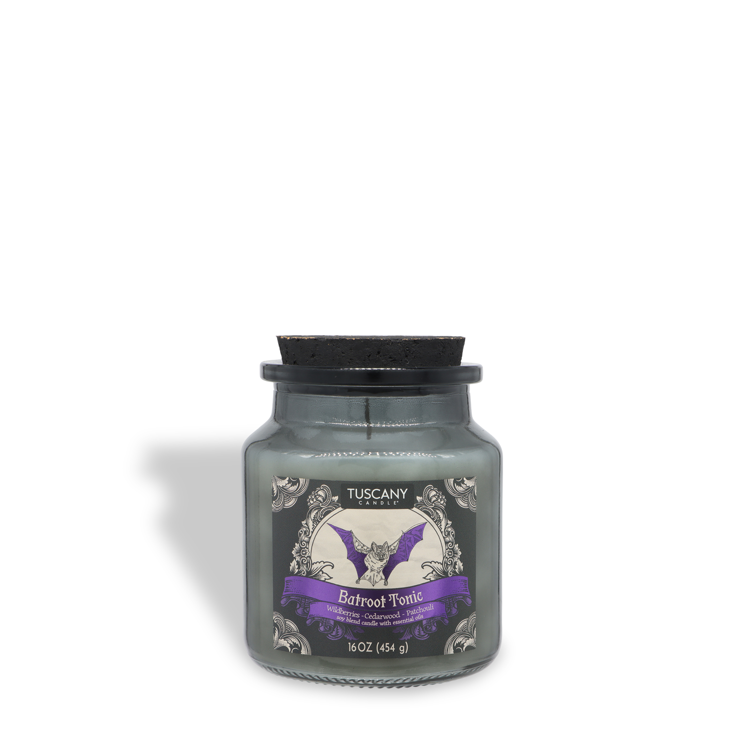 A 16 oz (454 g) glass jar candle from Tuscany Candle® SEASONAL, labeled “Batroot Tonic: Wildberries & Cedarwood Scented Halloween Candle,” features a bat graphic and a black lid.