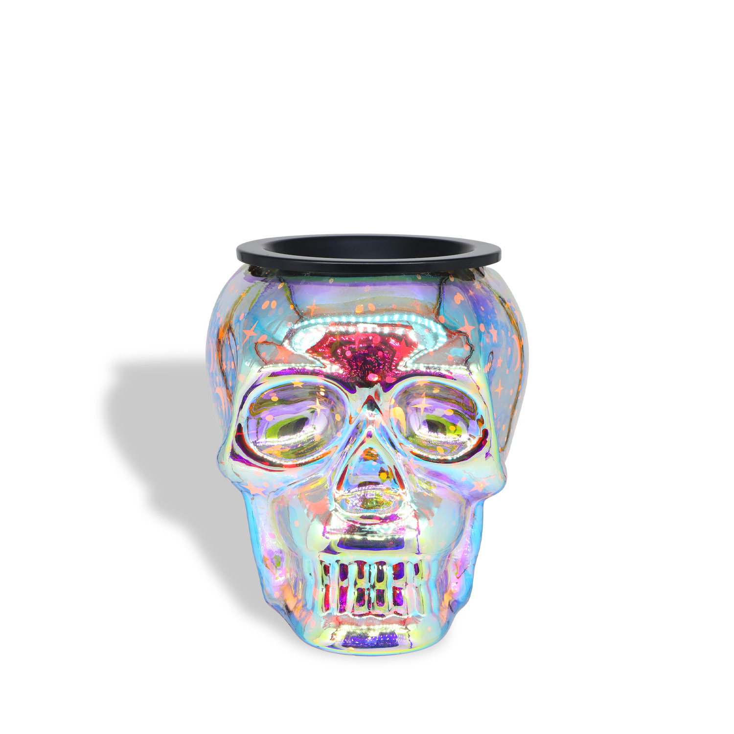 Holographic Skull Wax Melt Warmer by Tuscany Candle® SEASONAL, featuring an iridescent skull design with a wide black-rimmed opening, casting a shadow to the left against a white background.