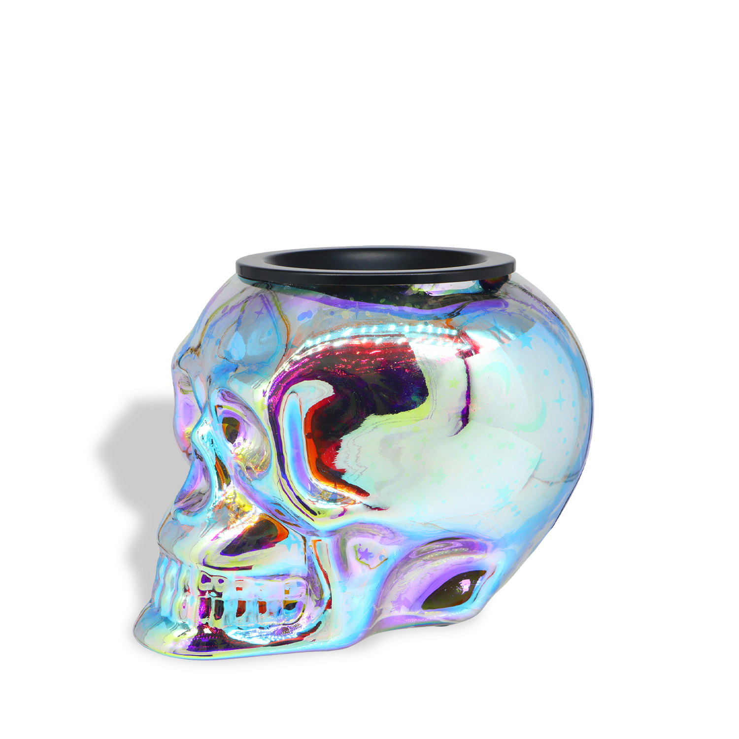 The Tuscany Candle® SEASONAL Holographic Skull Wax Melt Warmer, featuring a wide circular opening on top, is displayed against a white background.